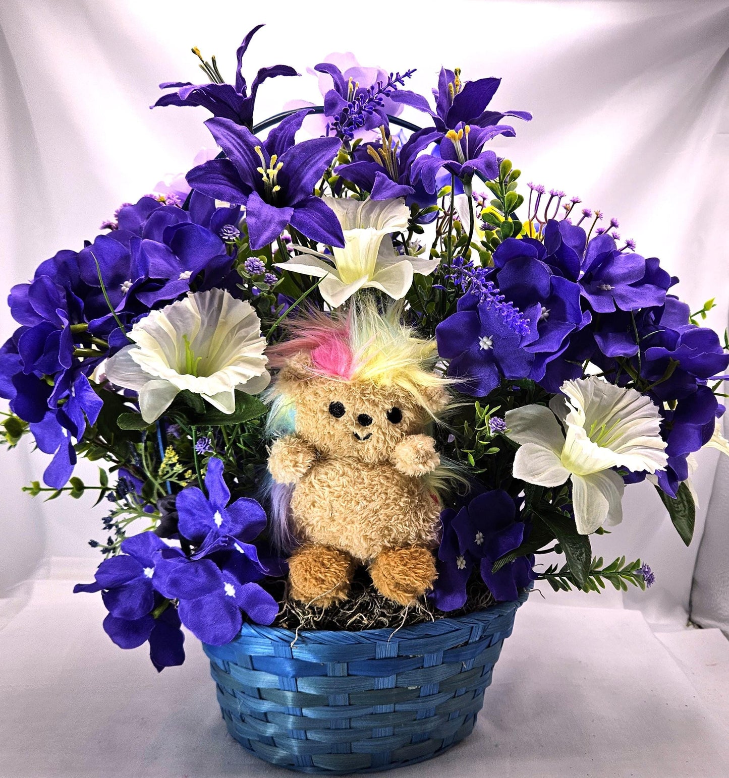 Purple Floral Centerpiece w/cute Stuffed Animal in Front of Lovely purple and white flowers, Great for Housewarming/Birthday/Thinking of You