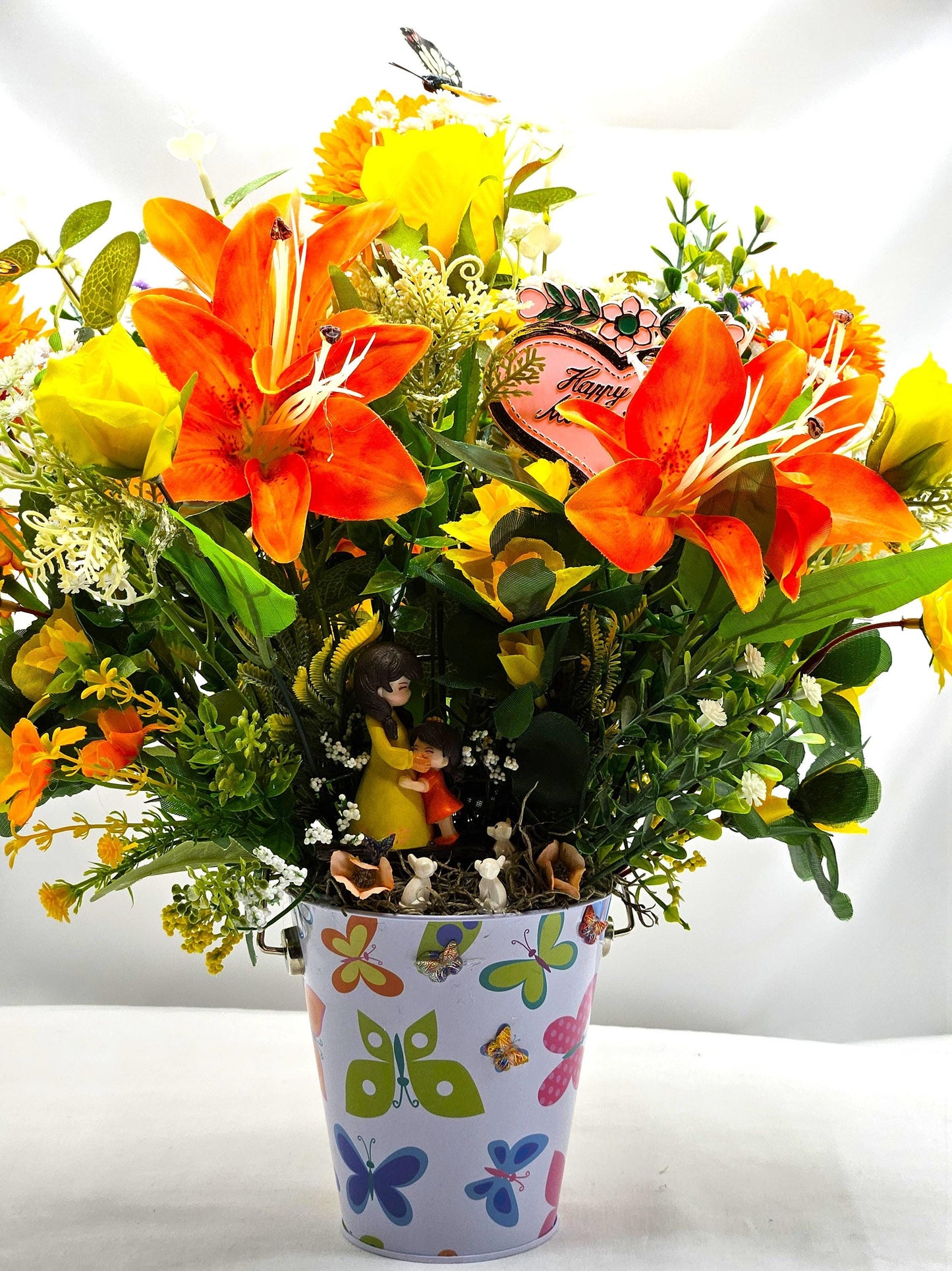 Love To Mom, Happy Mother's Day, I Love You Mom Floral Arrangement/Gift, 2 Options/Mother And Child/ Orange/Yellow Or Pink/Purple Florals