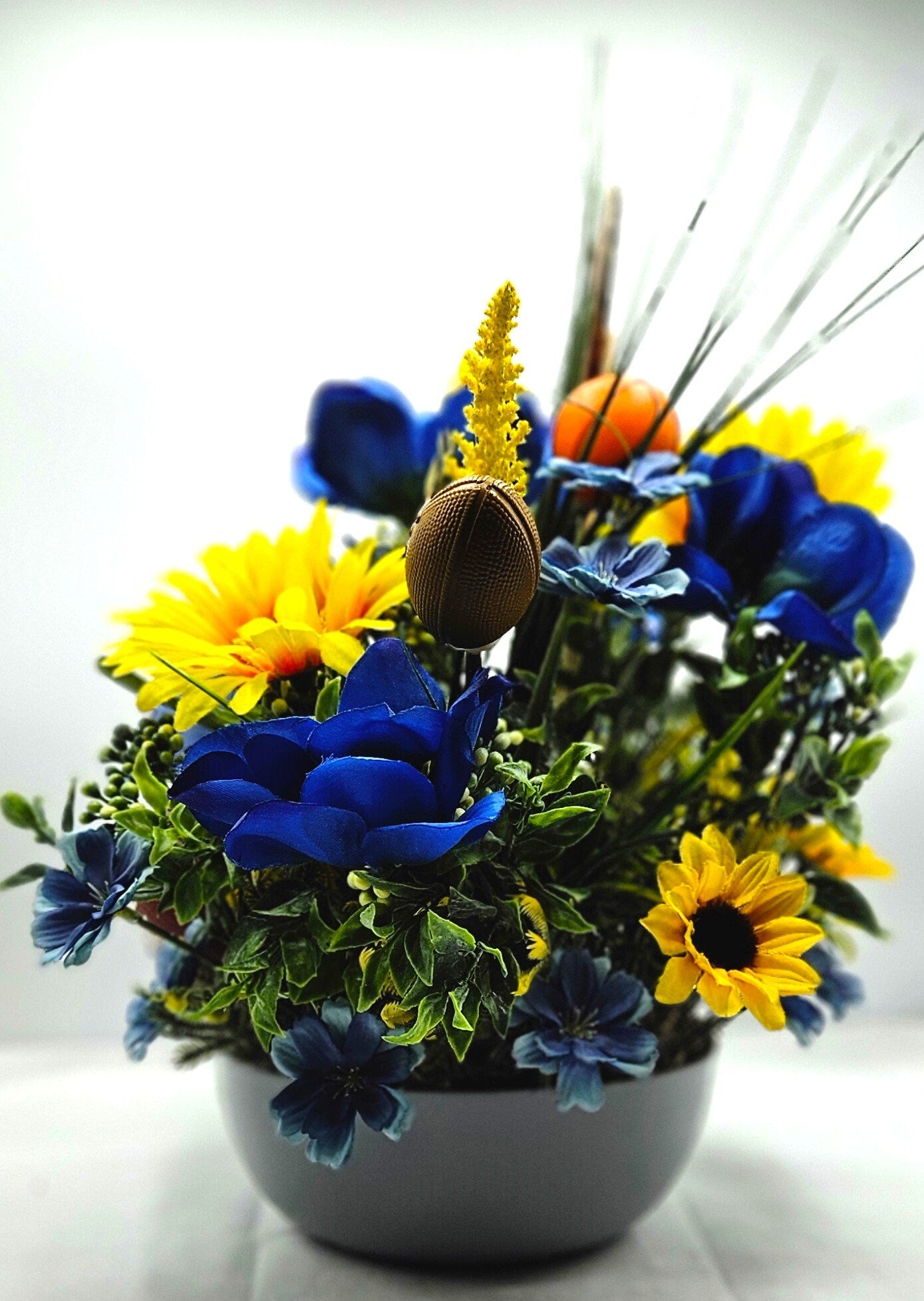 Father's Day Sports Themed Gift - Gray Dish with Wildflowers & Football/Soccer/Basketball - Unique Dad Gift Any Occasion