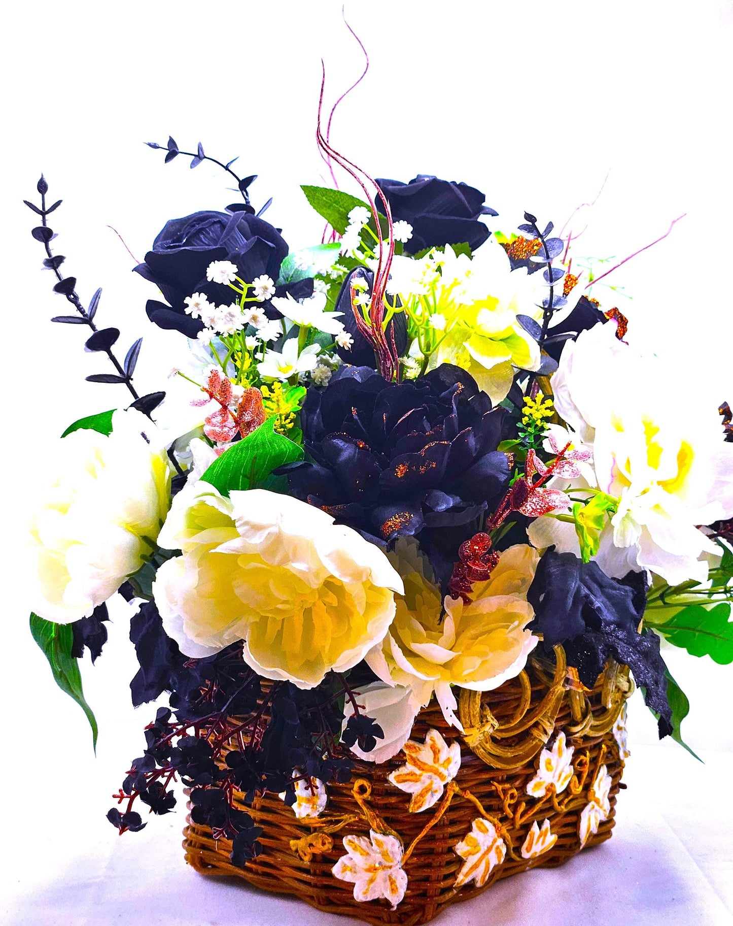 Handcrafted Floral Basket, Black & White Home Decor, Centerpiece Idea, Housewarming Gift, Floral Basket Decor