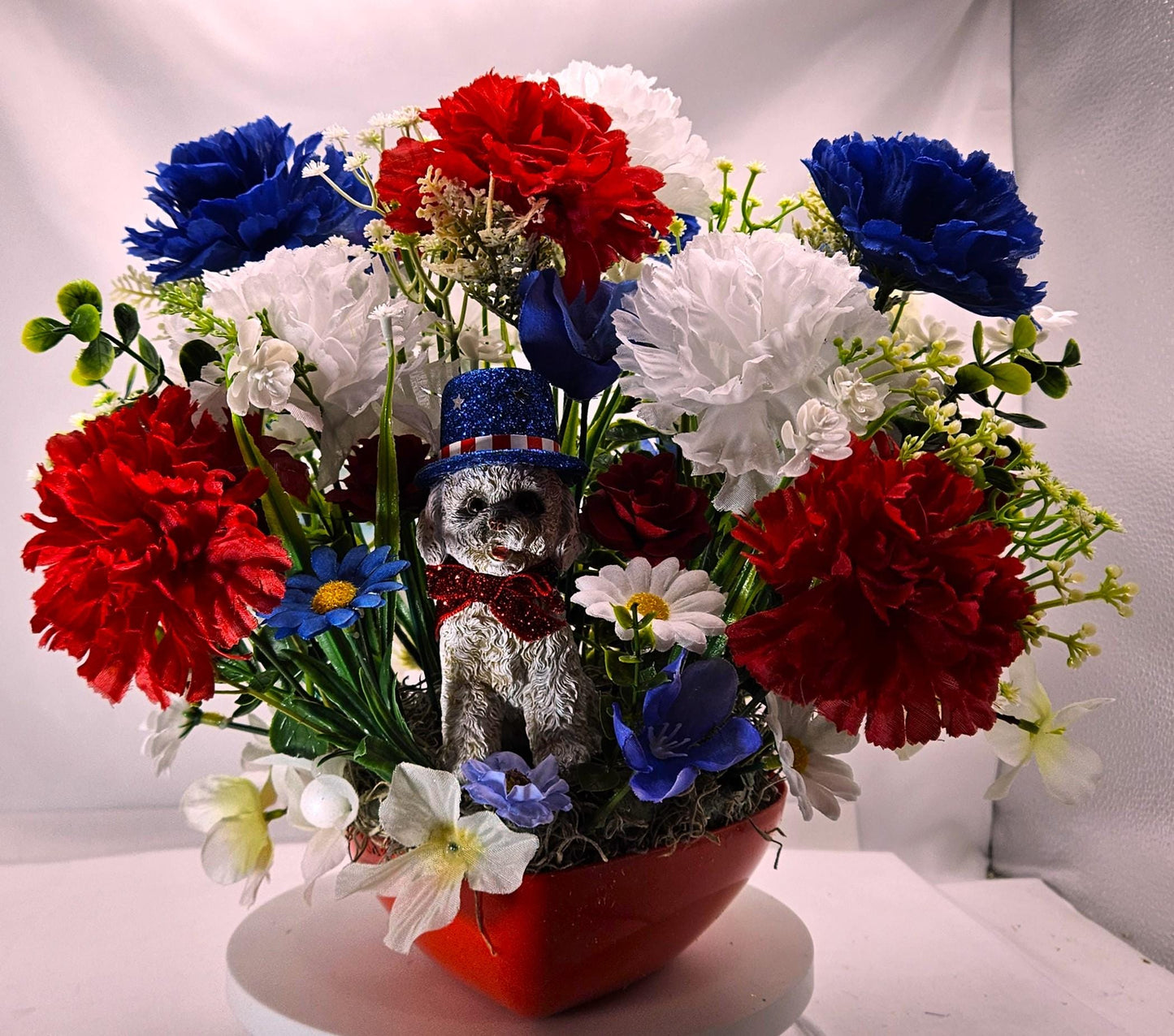 Patriotic Flower Arrangement, Heart-Shaped Dish, Red White Blue Flowers, Patriotic Decor, Celebrative Gift