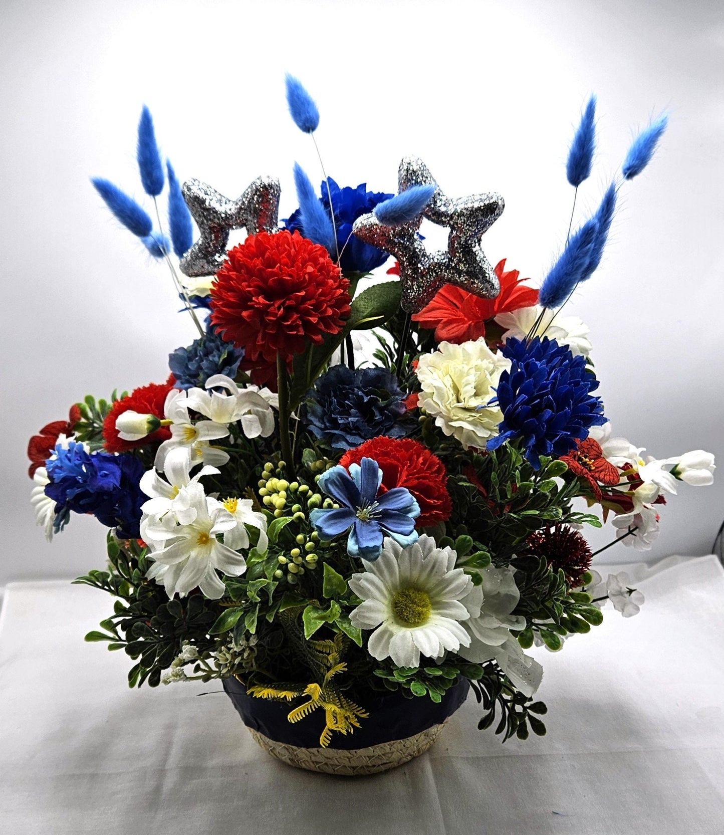 Black Silk Carnation Cat, Patriotic Hat, Pink Nose, Blue Eyes, Garden Cat Decor, Red White Blue Flowers, Cat Lover Gift
