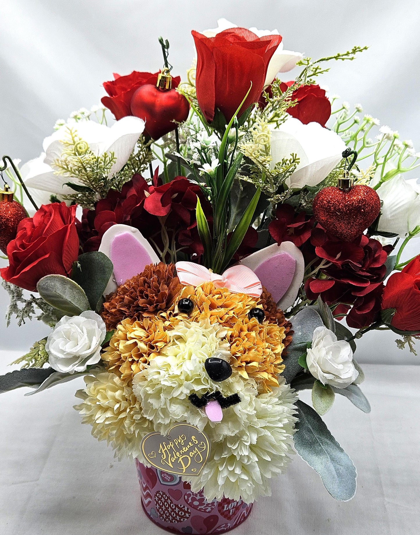 Handmade Carnation Mum Dog in Rose Garden, Red Roses, Greenery, Hearts, Romantic Gift, Dog Lover, Sweetheart