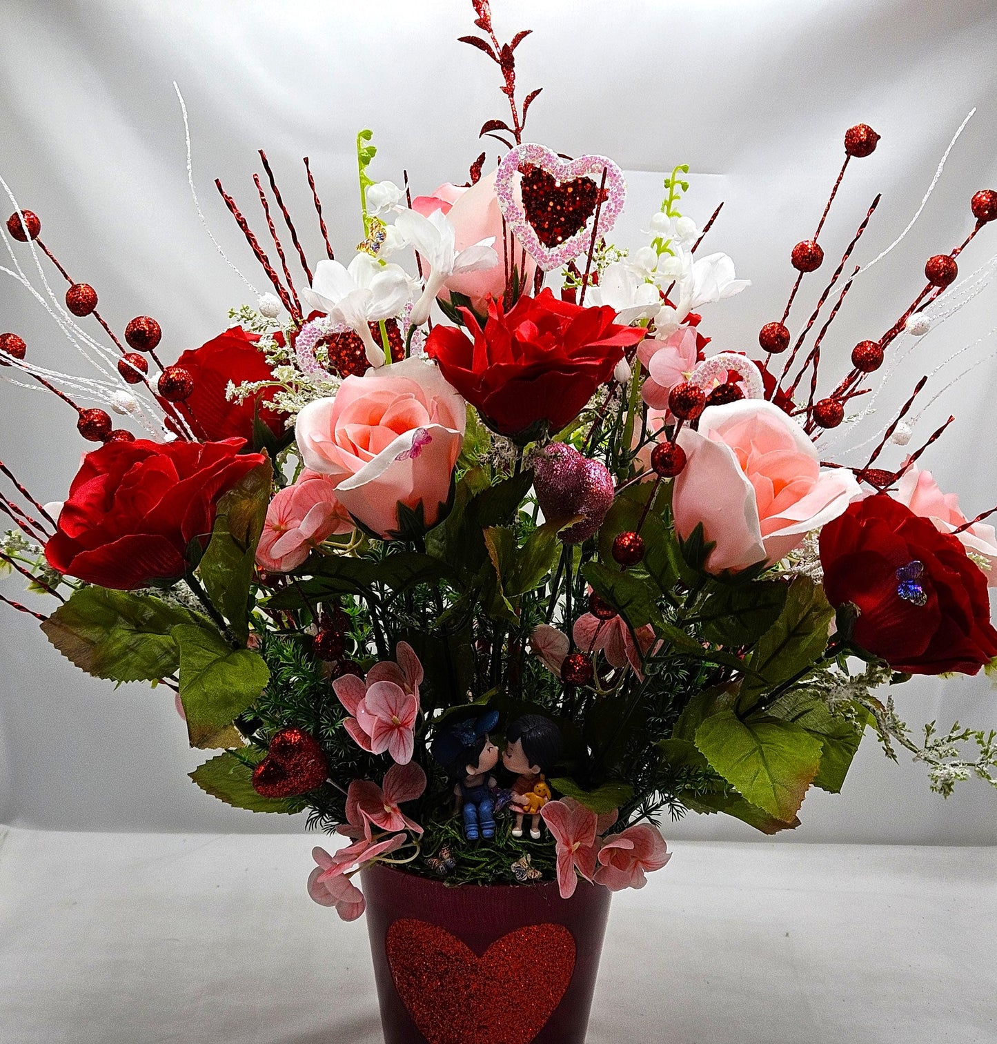 Romantic Flower Centerpiece with Pink and Red Roses, Kissing Couple, Valentine Decor, Butterflies, Hearts, Glitter Accents