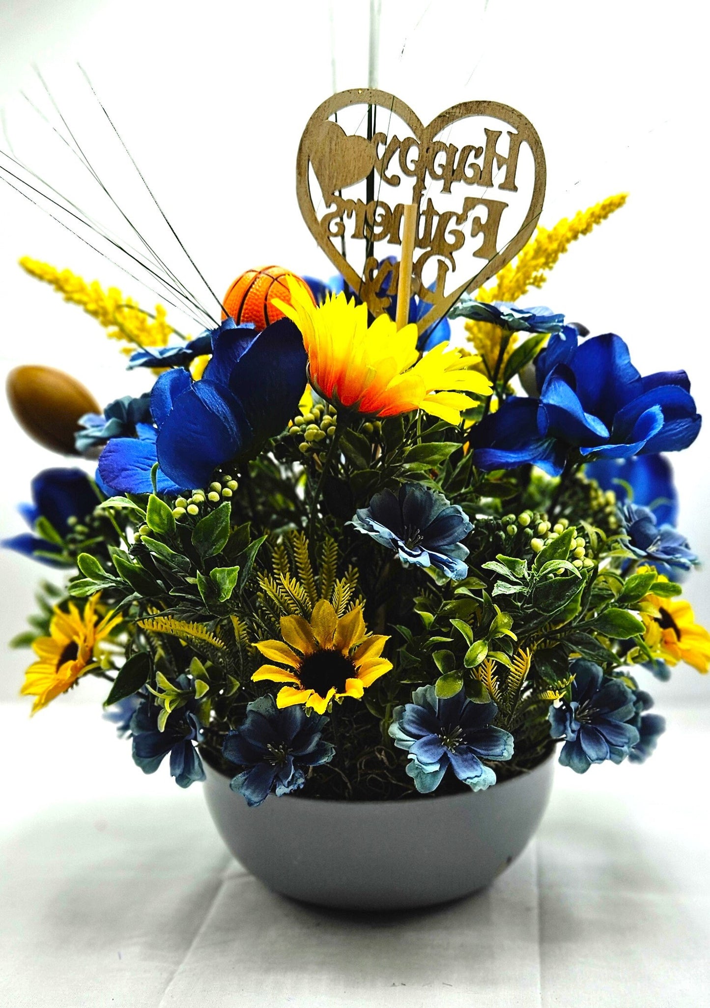 Father's Day Sports Themed Gift - Gray Dish with Wildflowers & Football/Soccer/Basketball - Unique Dad Gift Any Occasion