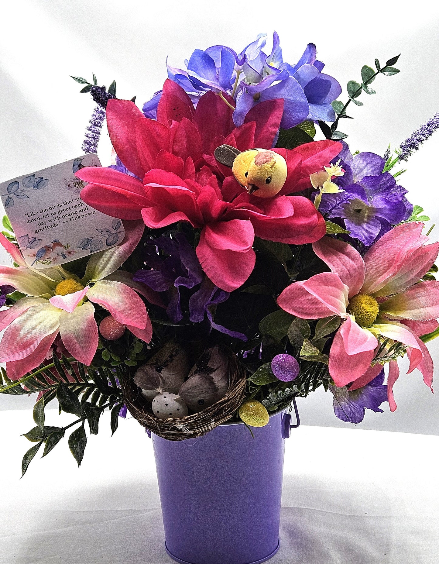 Flower Arrangement with Message to Greet Each New Day With Praise and Gratitude, Birds Throughout the Garden, Bird Lover Gift