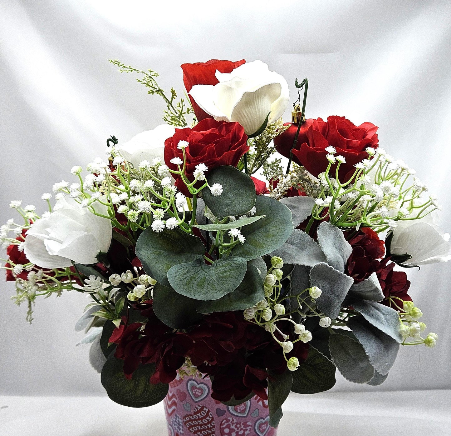 Handmade Carnation Mum Dog in Rose Garden, Red Roses, Greenery, Hearts, Romantic Gift, Dog Lover, Sweetheart