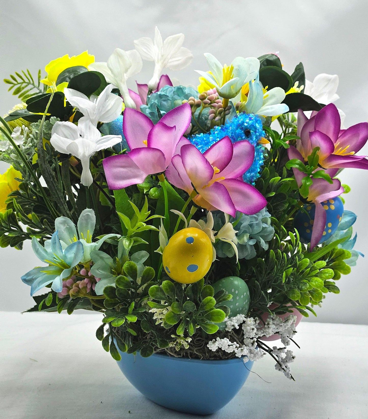 Easter Floral Set in Blue Easter Egg Shaped Dish, Geat for Gifting or Decor, Lilac/Blue/White Flowers/Greens, Glitter Chicks/Easter Accents