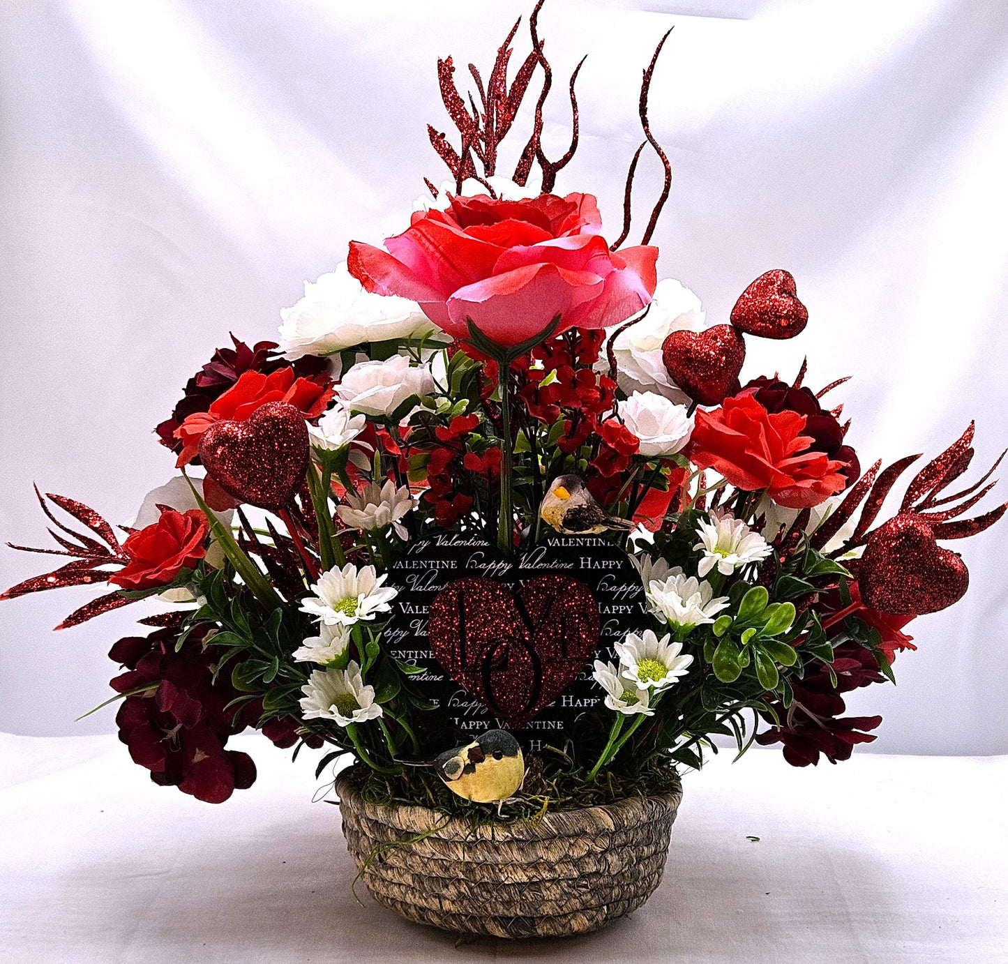 Valentine Floral Heart Garden Decor, Red Roses, White Daisies, Hydrangea, Greenery, Mushroom Birds Accent, Romantic Gift