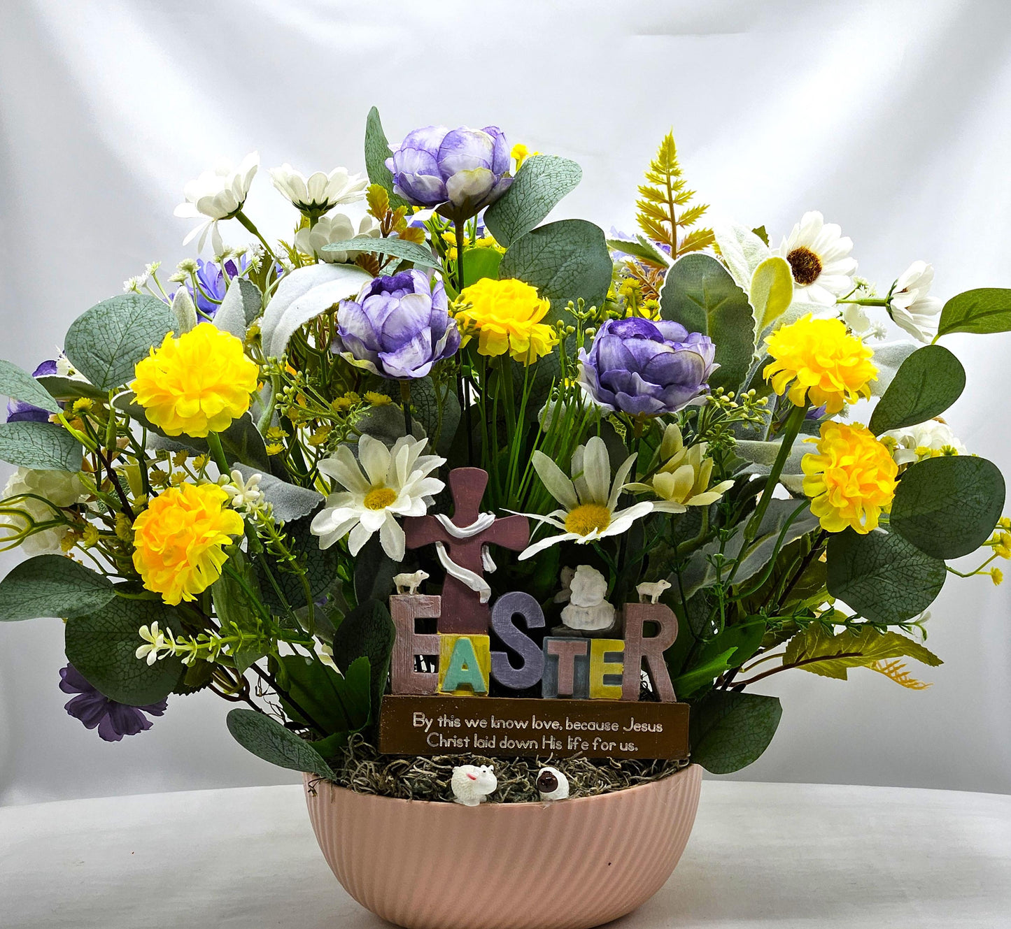Easter Cross Floral "By This We Know Love Because Jesus Christ Laid Down His Life For Us" Quote/Sheep/Blue/Yellow/Greenery/Happy Easter