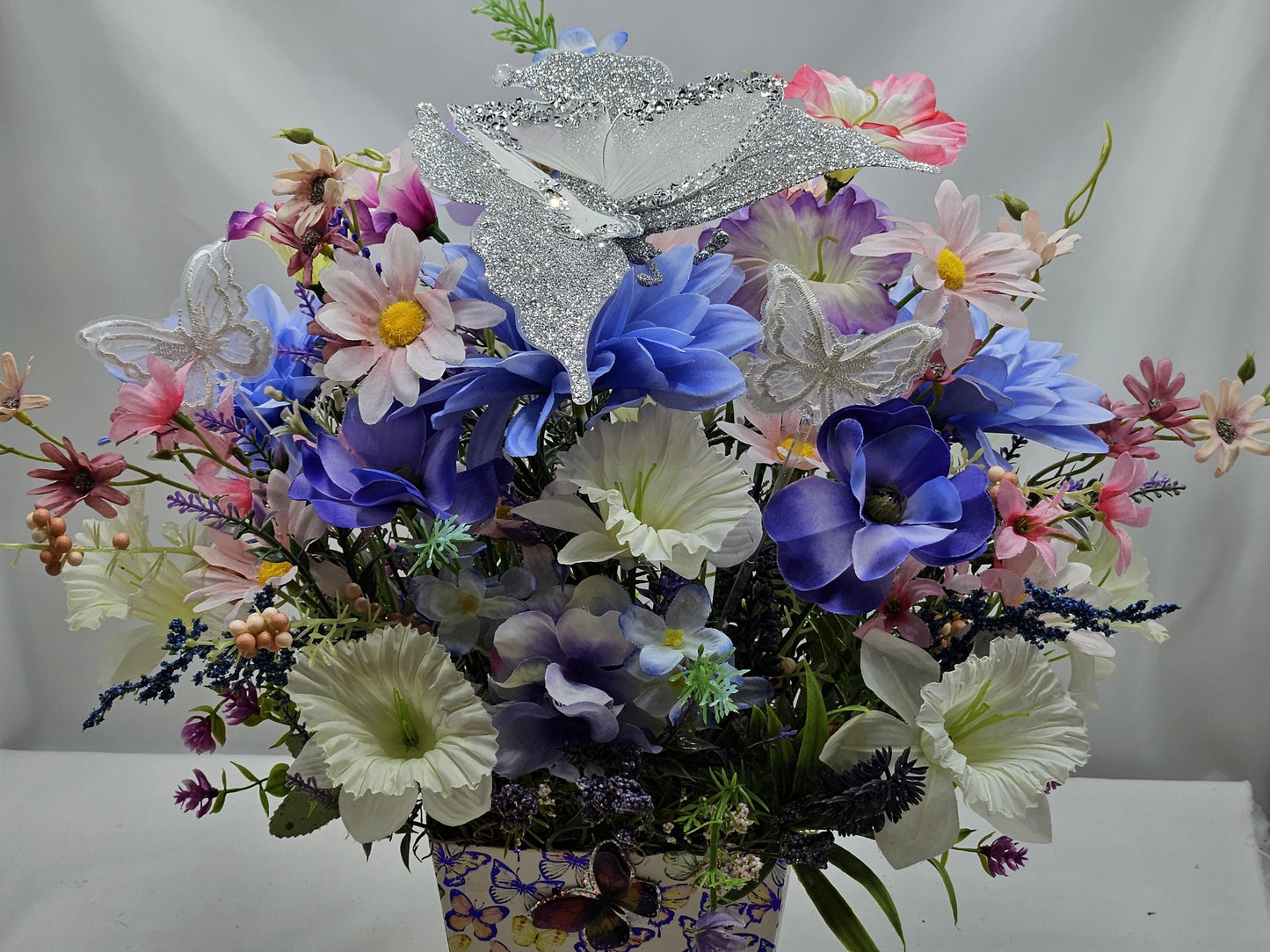 Butterflies and Flowers in a Decorated Box which Features Large Silver Butterfly and Smaller Accents, Butterfly Lover Gift, Butterfly Decor