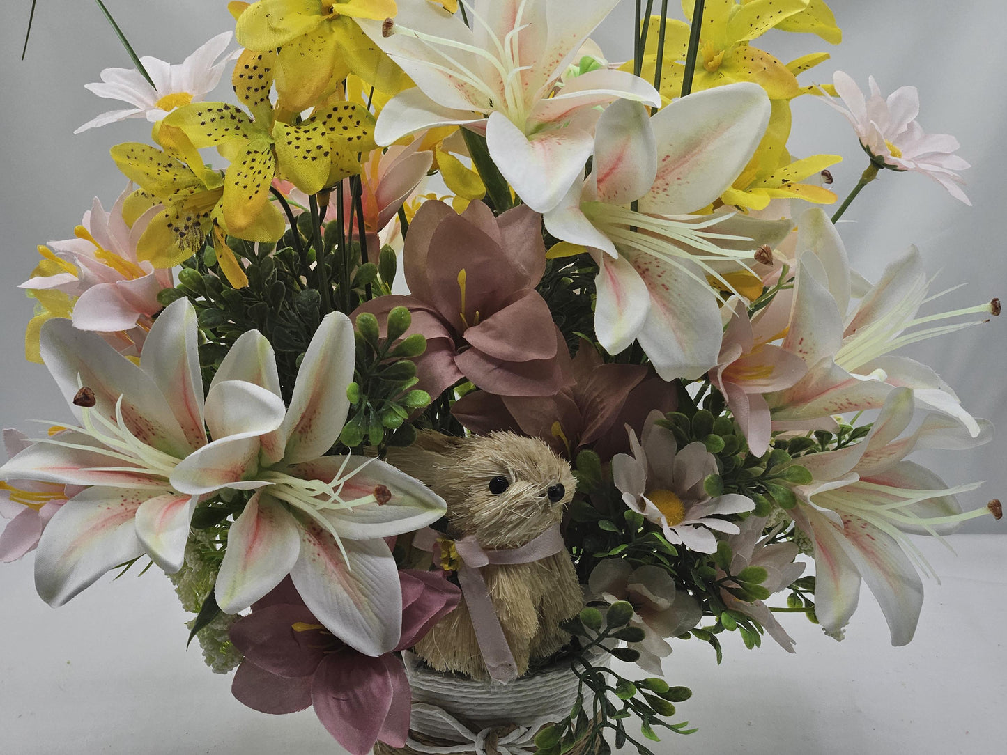 Lilies and Bunnies in a Wicker-Type Basket, 2 Options, Square or Round, Sophisticated Rabbits or Cute Rattan Bunny, Yellow w/Hot Pink/Mauve