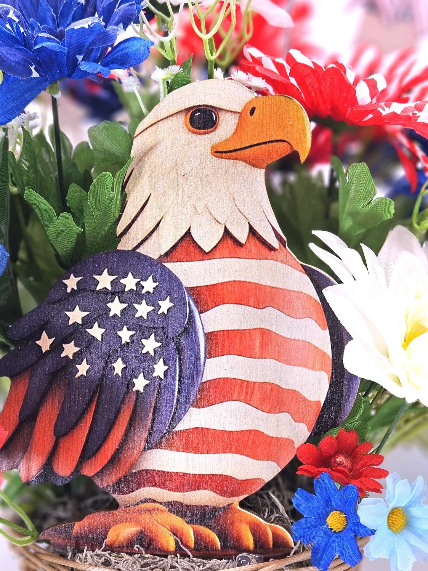 American Pride Garden Decor, Majestic Eagle Display, Floral Patriotism, Stars and Stripes, USA Butterfly Feature