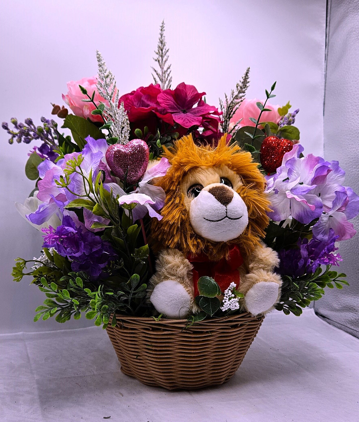 Romantic Lion Love - Cute Lion Romantic Flower Arrangement with Pink and Lilac Flowers, Glittery Hearts, and Cheery Stuffed Lion