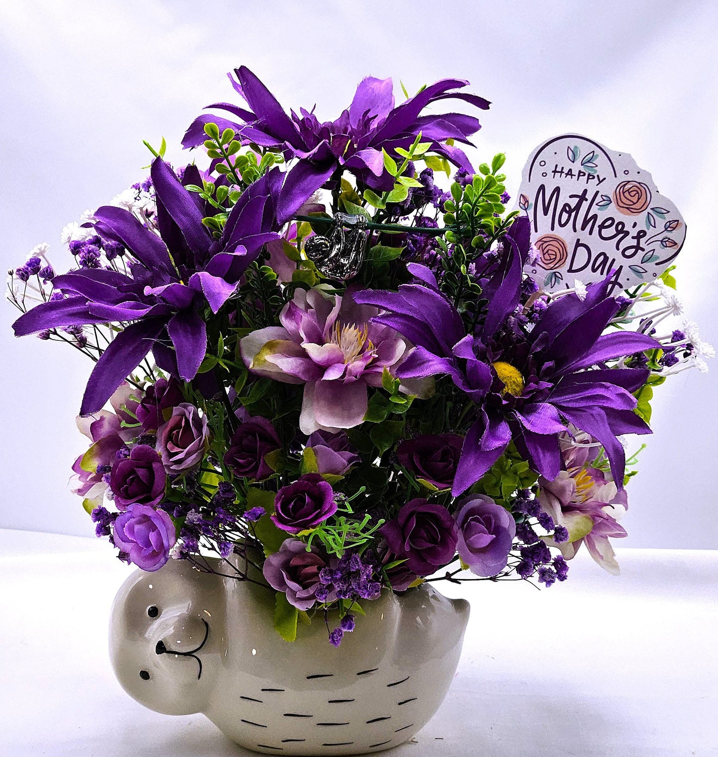 Ceramic Sloth flower Pot Overflowing with Elegant Purple/Lilac Roses, Daisies/other Delicate Flowers/Some Baby's Breath/Small Hanging Sloth