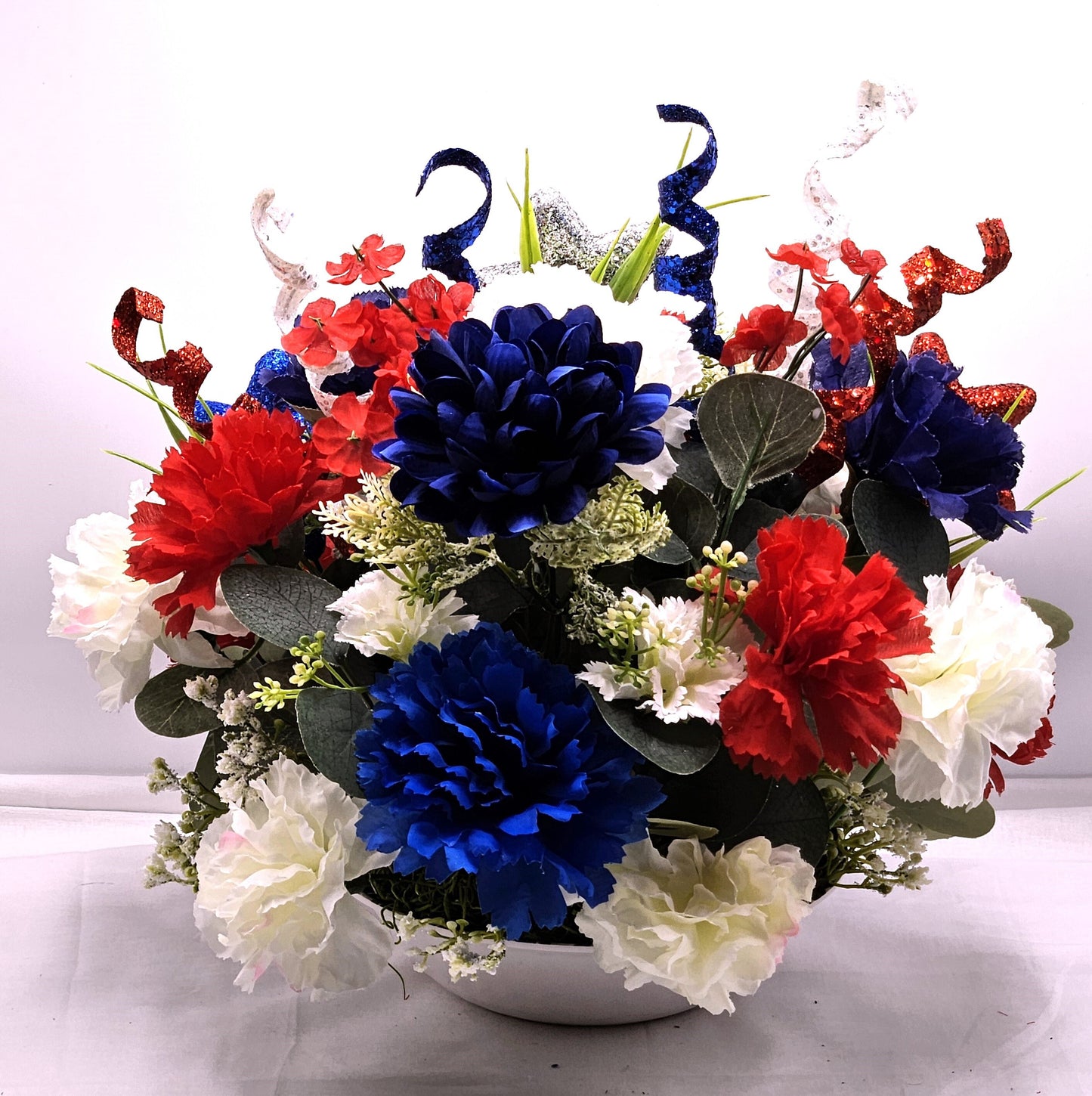 Patriotic Dog Floral Arrangement, Red White Blue Decor, Glittery Stars, Roses or Carnations, 2 Choices