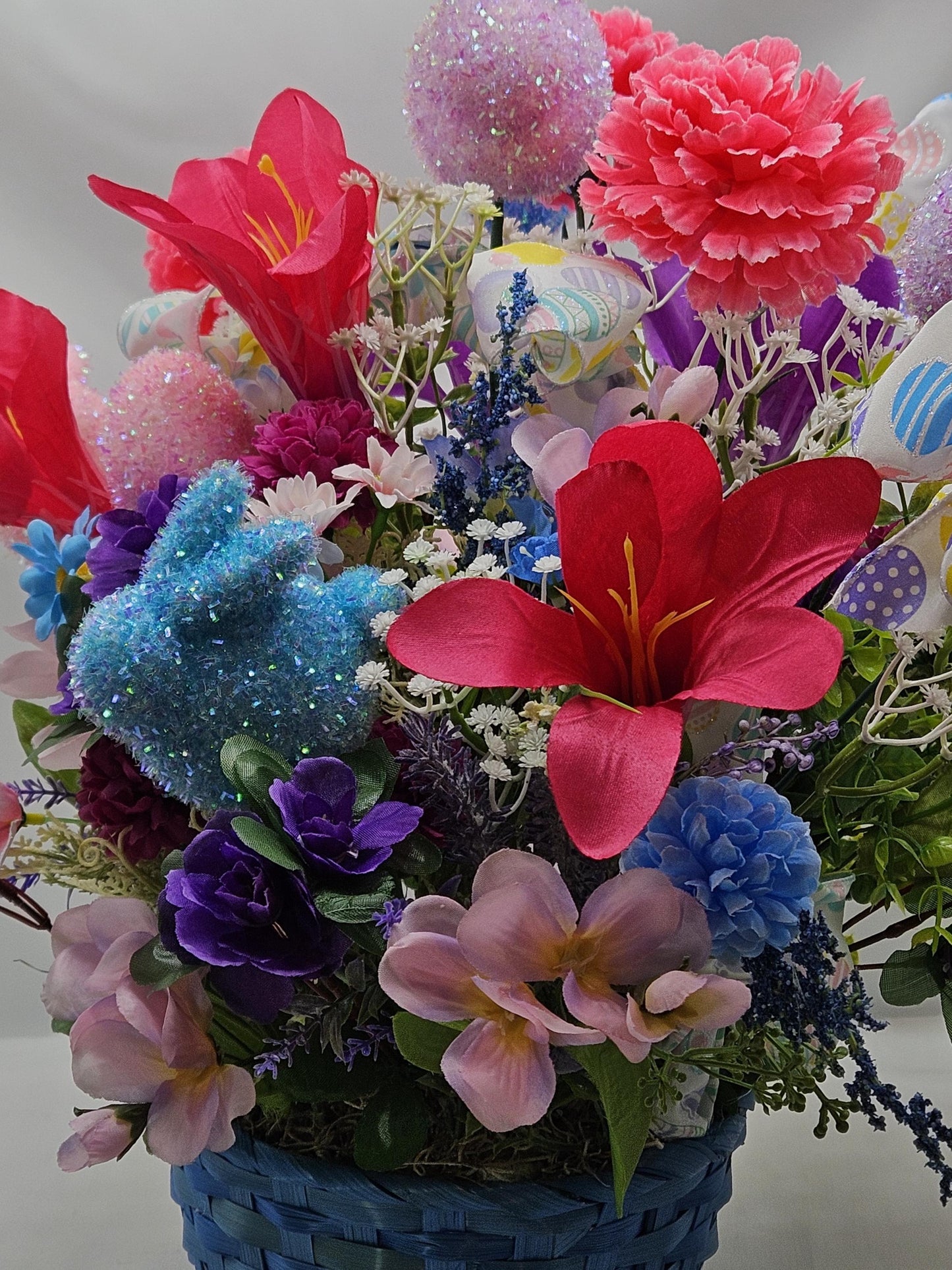 Elegant Lovely Easter Basket Adorned w/Glitter Bunnies, Eggs, Pretty Ribbon/Multi-Colored Lilies/Daisie/Other Spring Flowers/Easter Sign