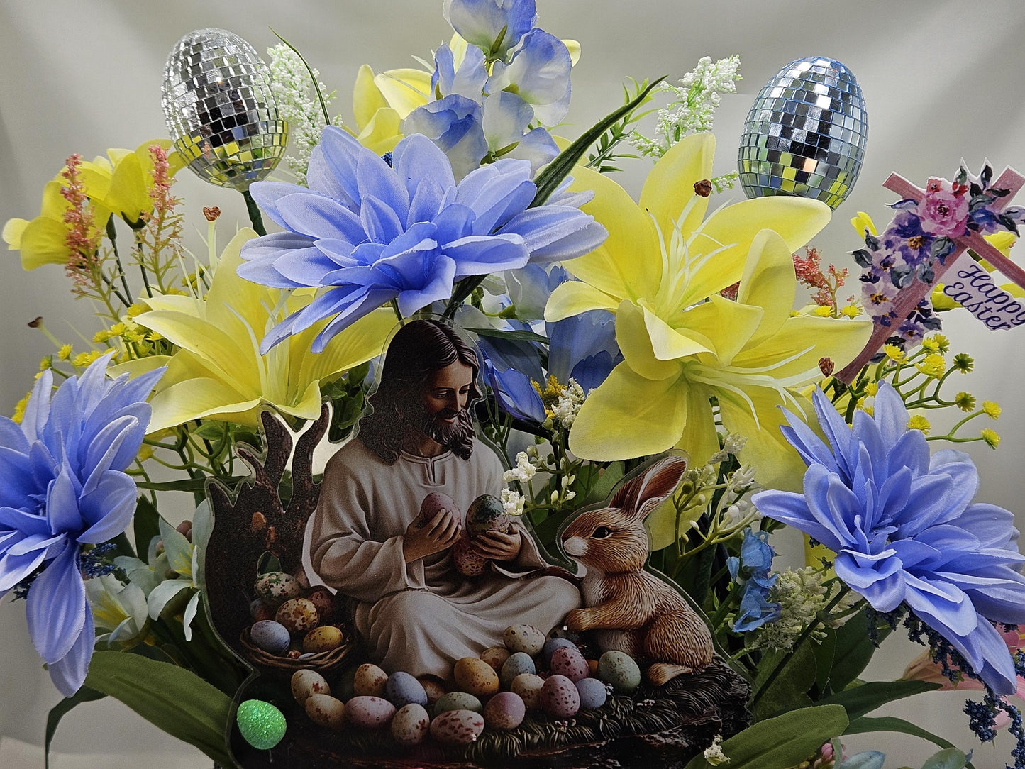 Jesus Sitting with Bunny in Easter Egg Garden and Blue/Yellow Spring Flowers/Other Egg and Bunny Accents, Happy Easter Sign