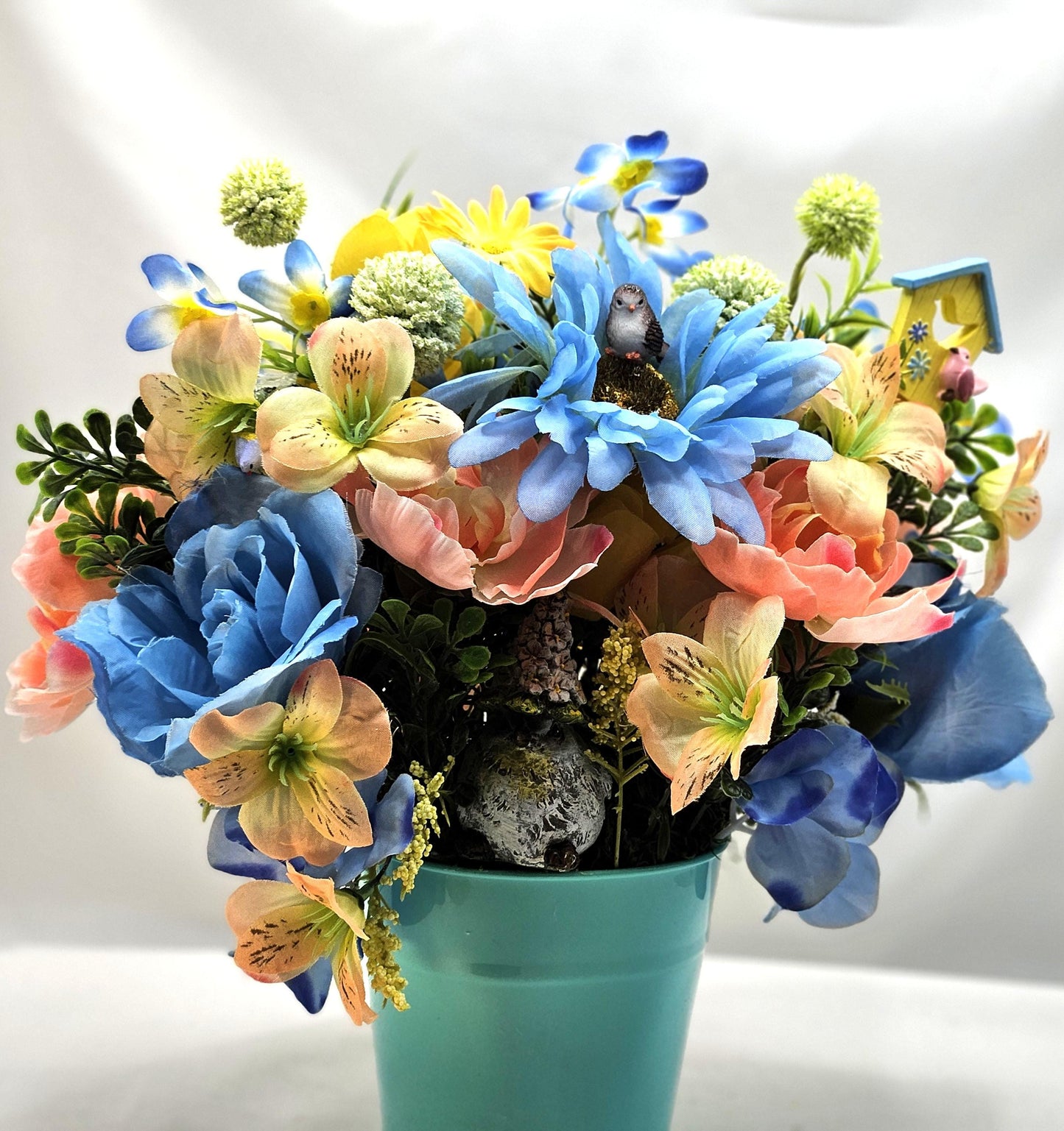 Bird Inspired Flower Arrangement in an Aqua Blue Pot with Peach/Blue/Yellow Flowers, Birid Accents, Bird Lover Gift, Great Home Gift Idea