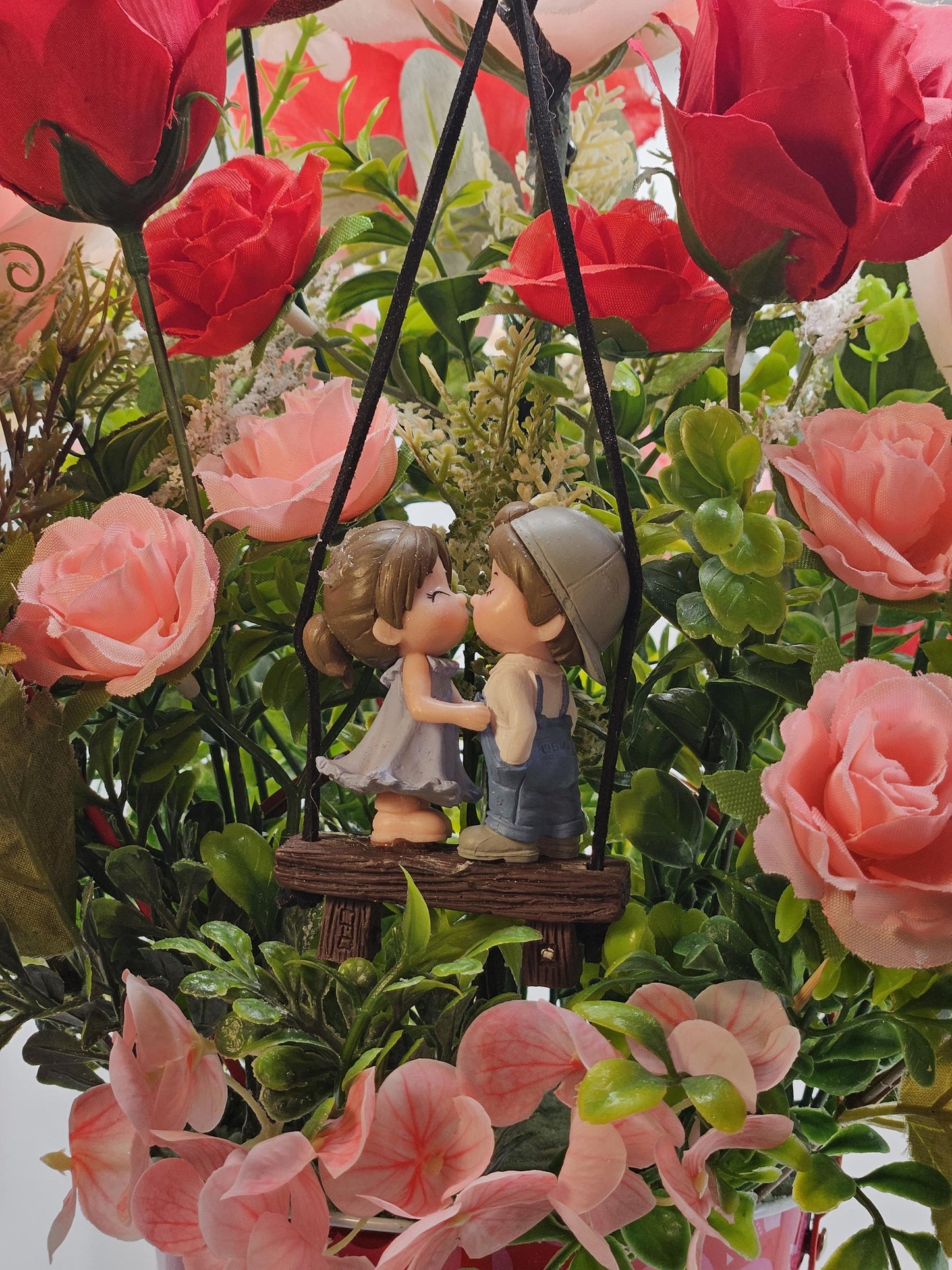 Sweetheart On A Swing Art, Garden Lover's Gift, Pink Rose, Red Rose, Love Expression, Flowers And Hearts