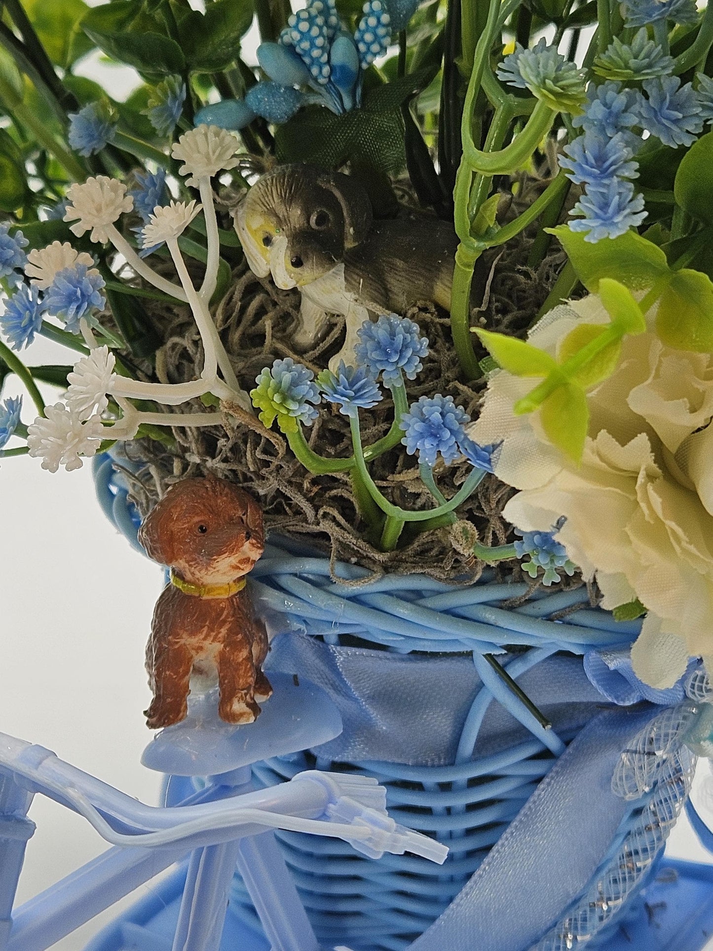 Bike Basket w/Flowers, Centerpiece/Gift/2 Choices/Cheerful Sloth/Cute Puppies/Blue/w White or White w/Pink/Yellow/White/Vibrant Florals