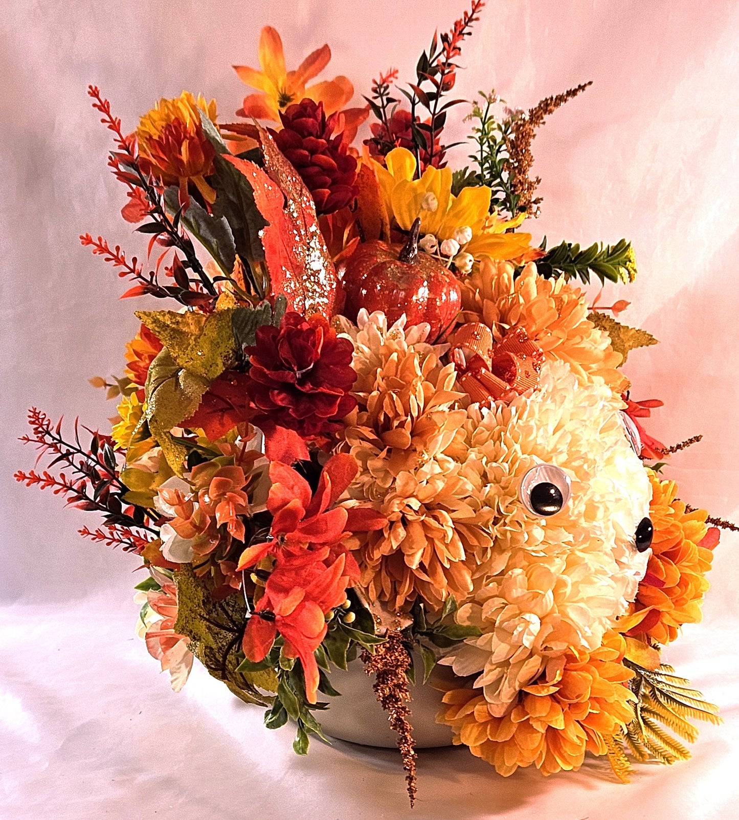Flower Arrangement Featuring Handmade Carnation and Mum Flower Floppy-Eared Dog with Pumpkins, Mums, Pinecones/other Fall Flowers