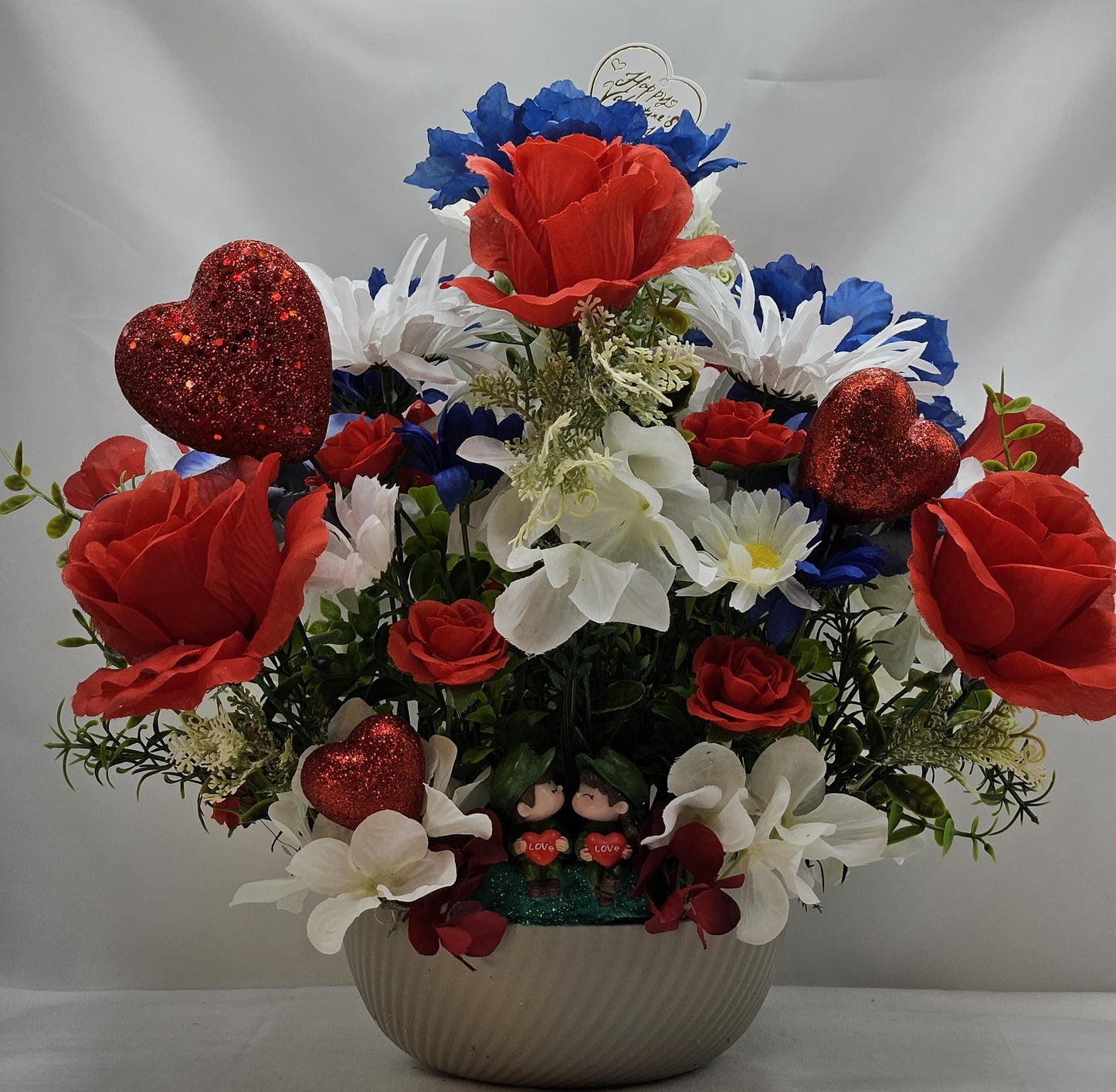 Romantic Flower Arrangement for Military Couple, Grey Plastic Bowl, Artificial Florals, Red Hearts, Love Gift