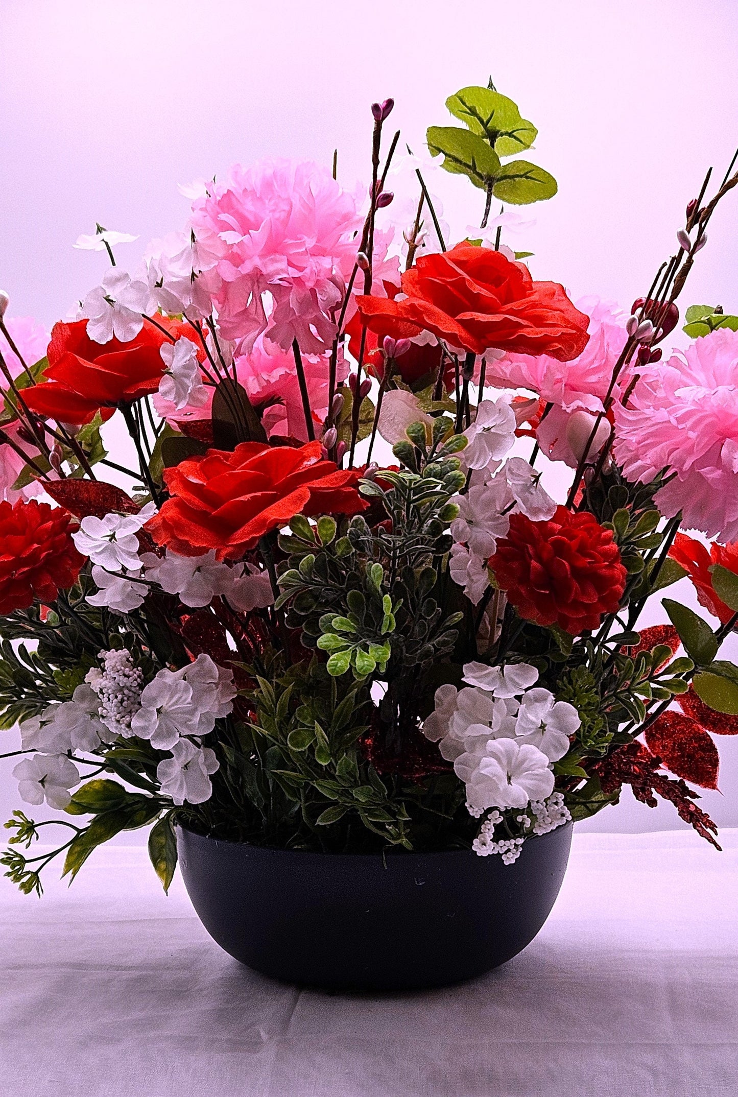 Romantic Centerpiece Sweetheart Bears, Bear Figures with Red Roses, Pink Carnations, Valentine's Gift, Love Decor