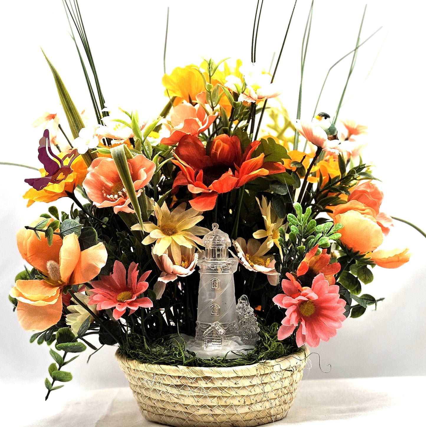 Flower Arrangement featuring a Crystal-Like Lighthouse, Yellow/Peach Wildflowers, Owl/Bird Accents/ Great Tropical Gift or Home Decor