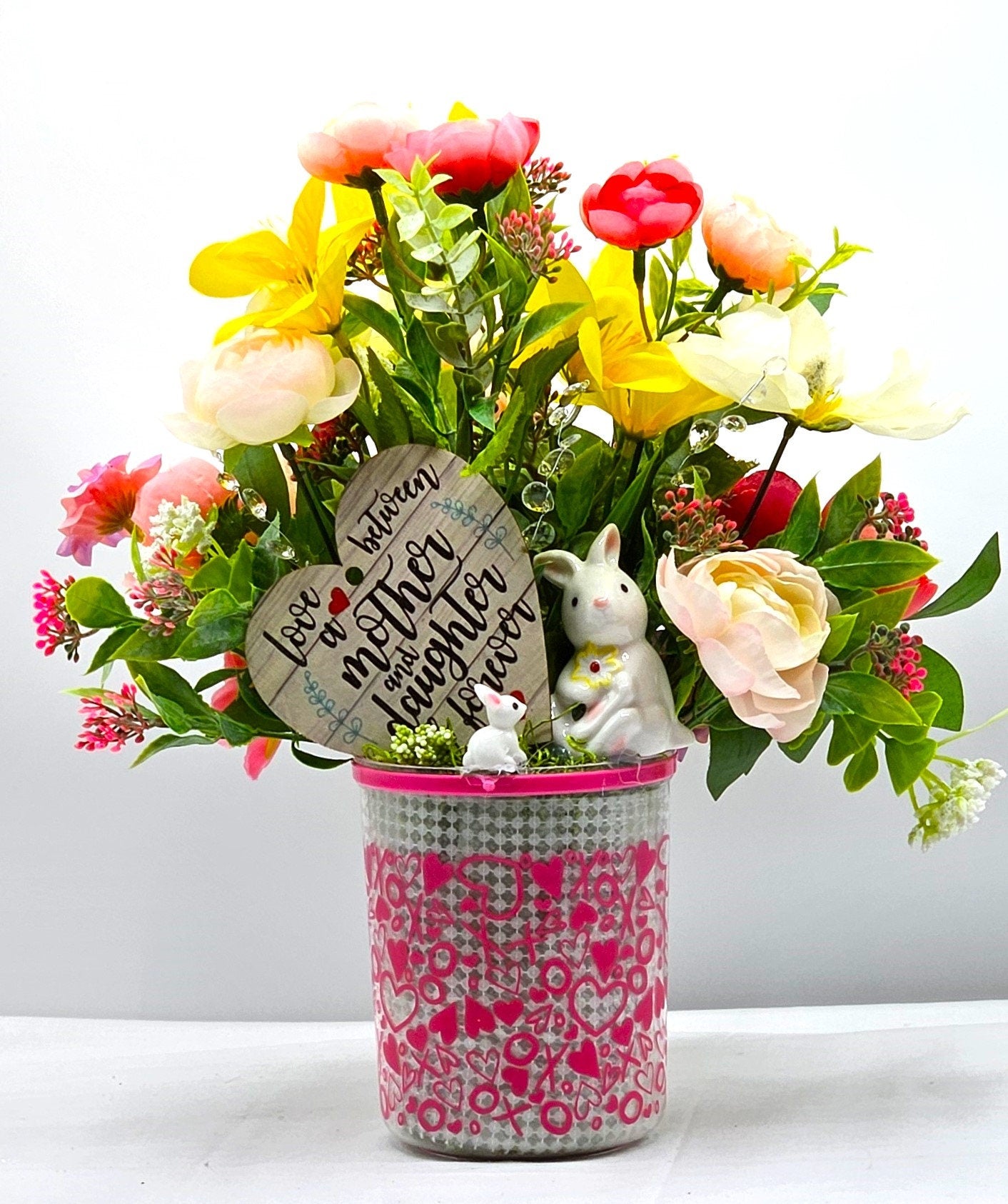 Momma & Baby Rabbits Floral Centerpiece, Heart-Deco Pot with Pink/Yellow Blossoms - Mother's Day Gift, Birthday for Her Gift