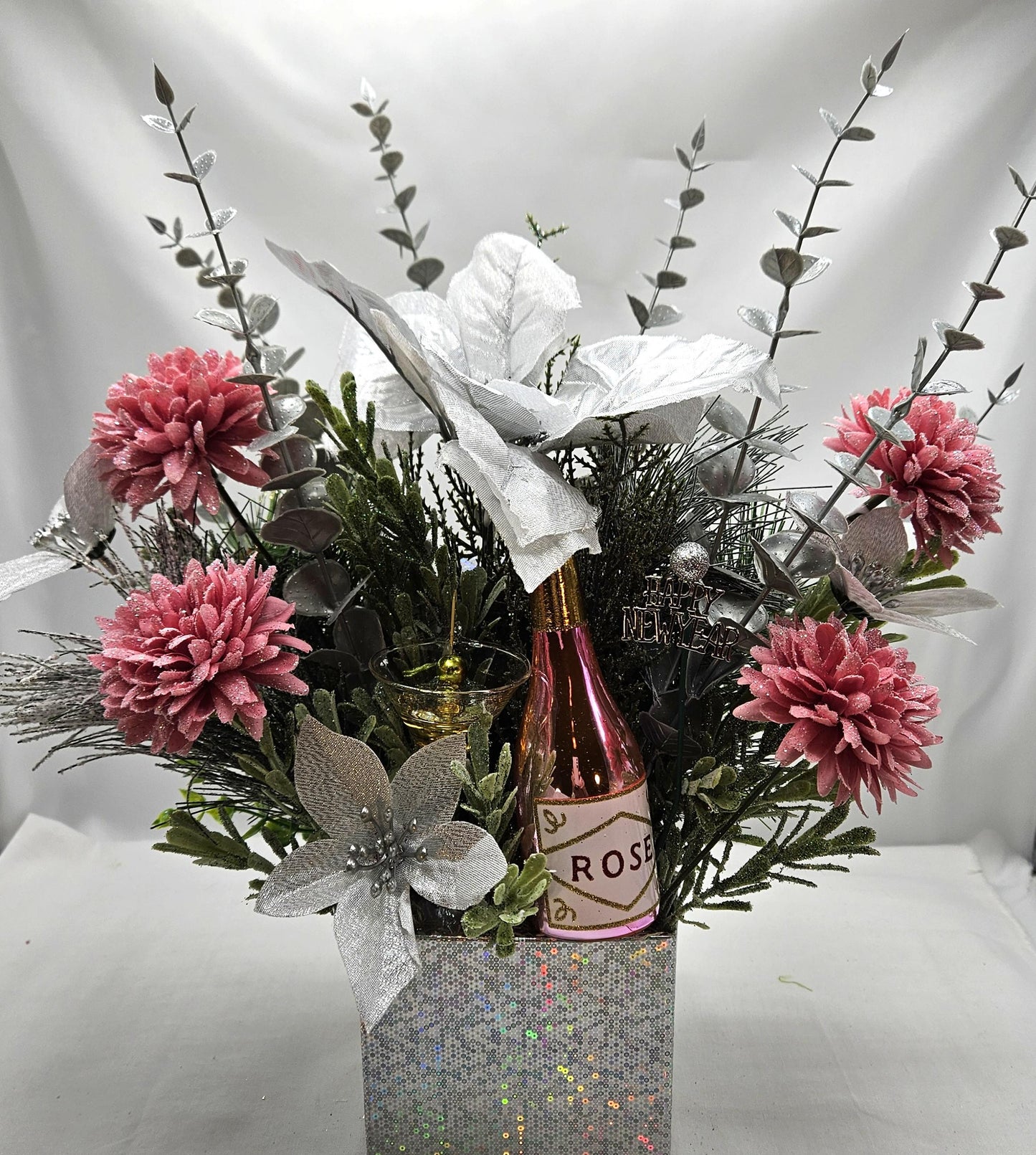 Congratulatory Arrangement in Bright Silver, New Year Champagne Toast/sparkly Silver Flowers/Accents in Silver Box/Cheers in 2025
