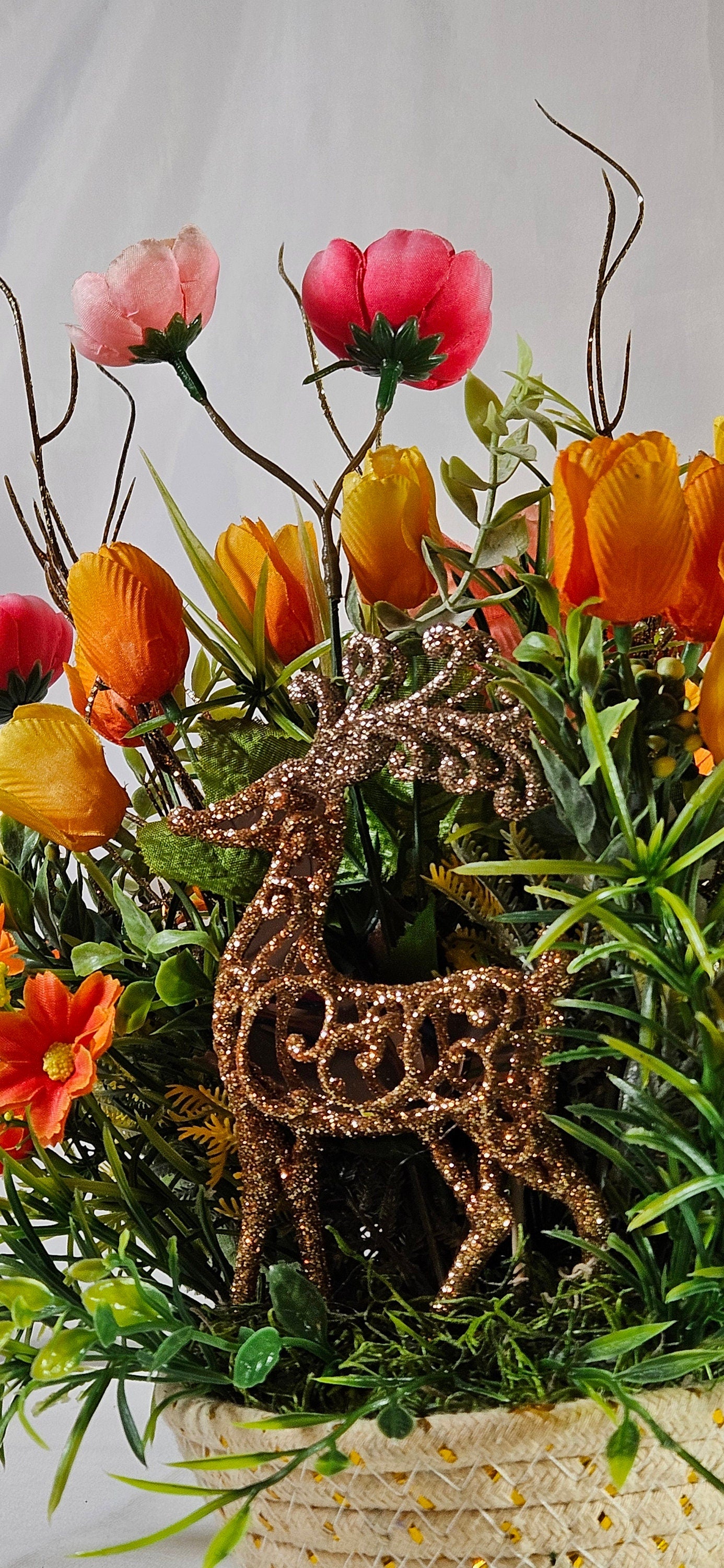Floral Arrangement with Majestic Deer Amongst Blue/Pink or Orange/Peach Flowers, 2 Deer Options