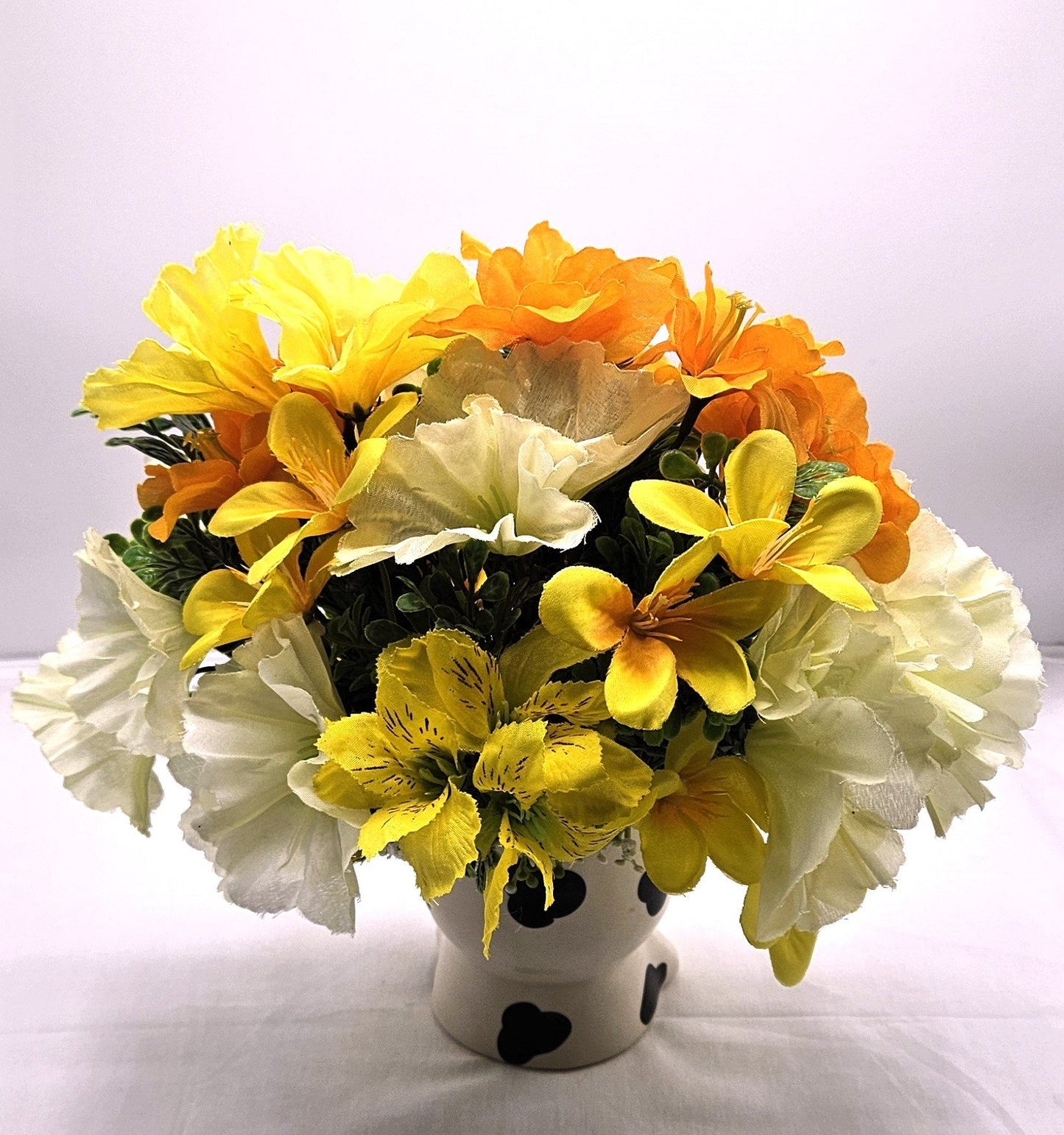 Adorable Cow Ceramic Flower Arranngement, Whimsical Cow Adorned with peach/orange/yellow Lilies/Cosmos/Petunias, Cow Lover Gift, Farmhouse