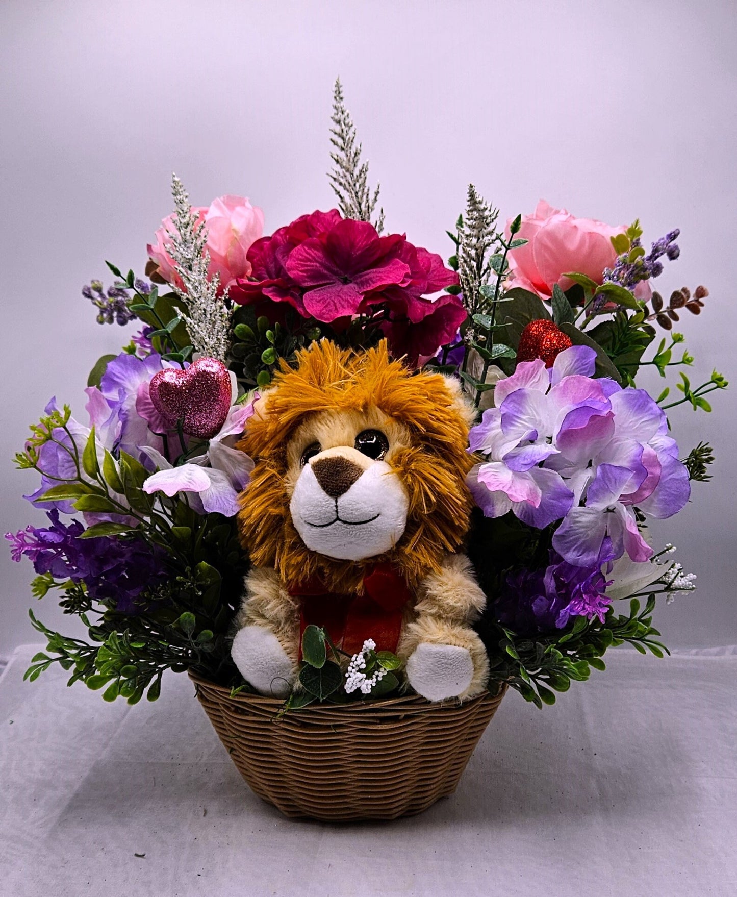 Romantic Lion Love - Cute Lion Romantic Flower Arrangement with Pink and Lilac Flowers, Glittery Hearts, and Cheery Stuffed Lion