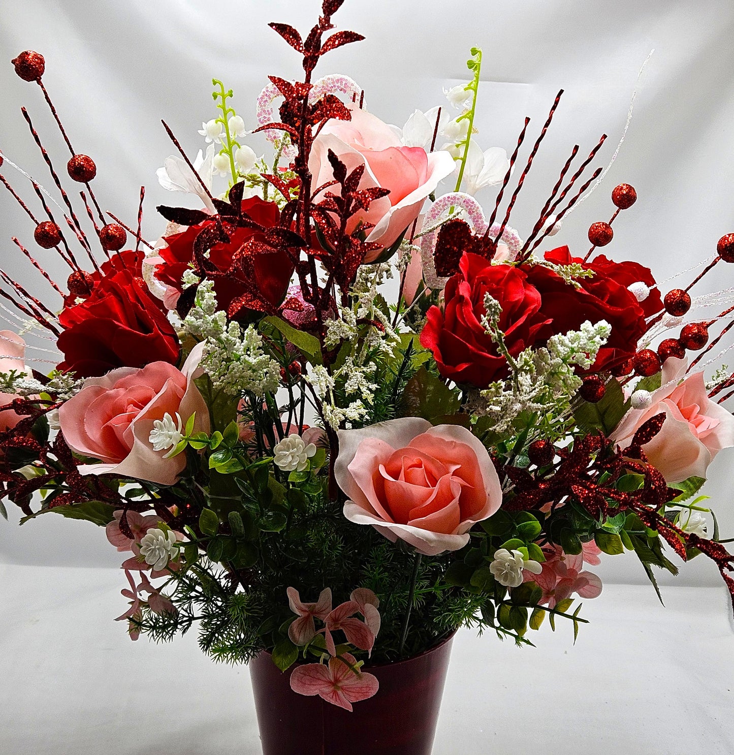 Romantic Flower Centerpiece with Pink and Red Roses, Kissing Couple, Valentine Decor, Butterflies, Hearts, Glitter Accents