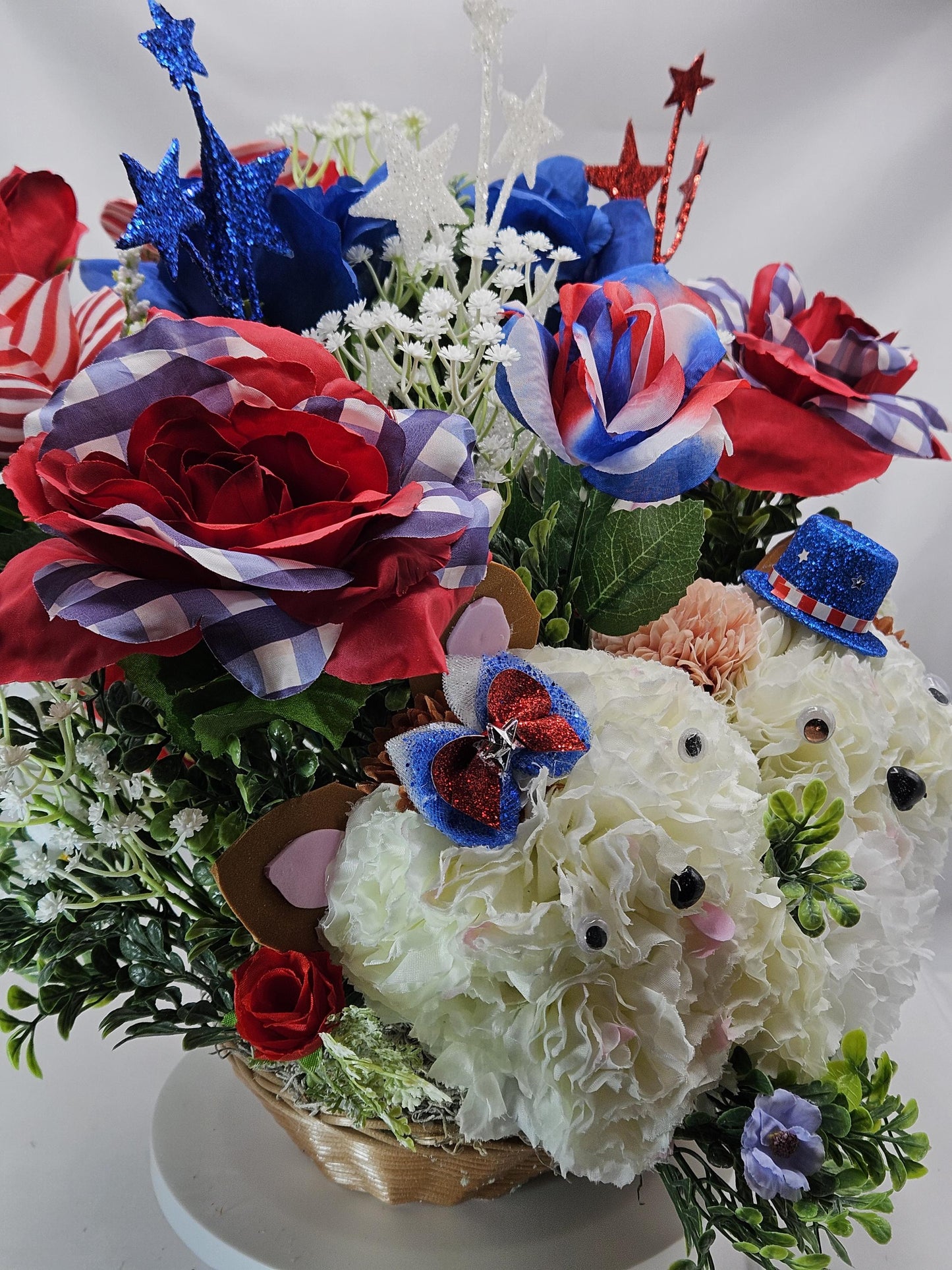Patriotic Floral Garden Decor, Red White Blue Roses, Carnation Flower Dogs, Sparkly Stars Accents, God Bless America
