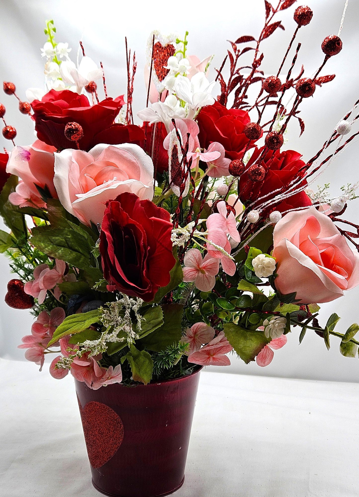 Romantic Flower Centerpiece with Pink and Red Roses, Kissing Couple, Valentine Decor, Butterflies, Hearts, Glitter Accents