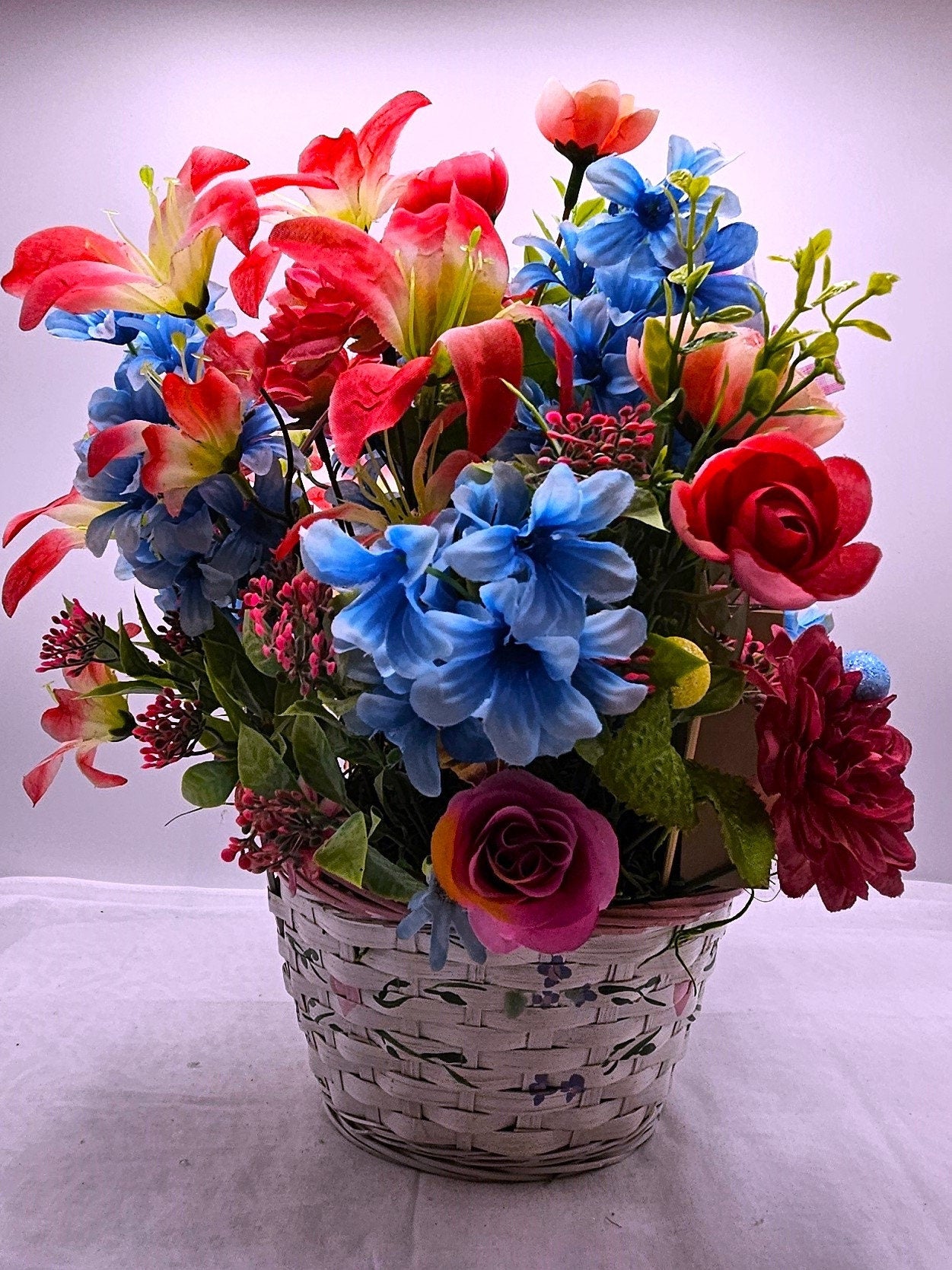 Springtime Delight Handmade Happy Easter Bunny Flower Basket with Glitter Eggs and Pastel Flowers