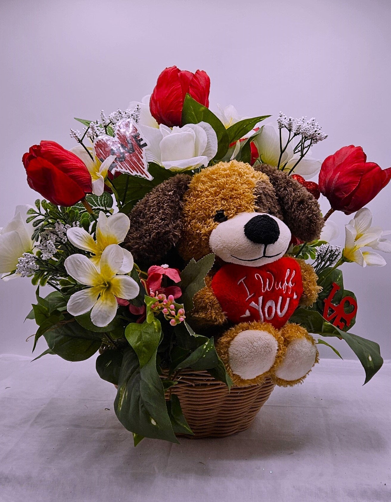 Romantic 'I Wuff You' Flower Arrangement, Red Tulips Bouquet, Cute Pup Floral Display, White Roses, Heart Accents