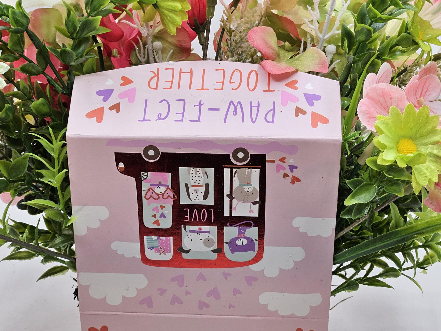 Paw-Fect Togethe Romantic Floral Gift in Decorated Box, Puppy Figures/Hearts/Pink/Green Flowers/White Glitter Accents/Love Gift