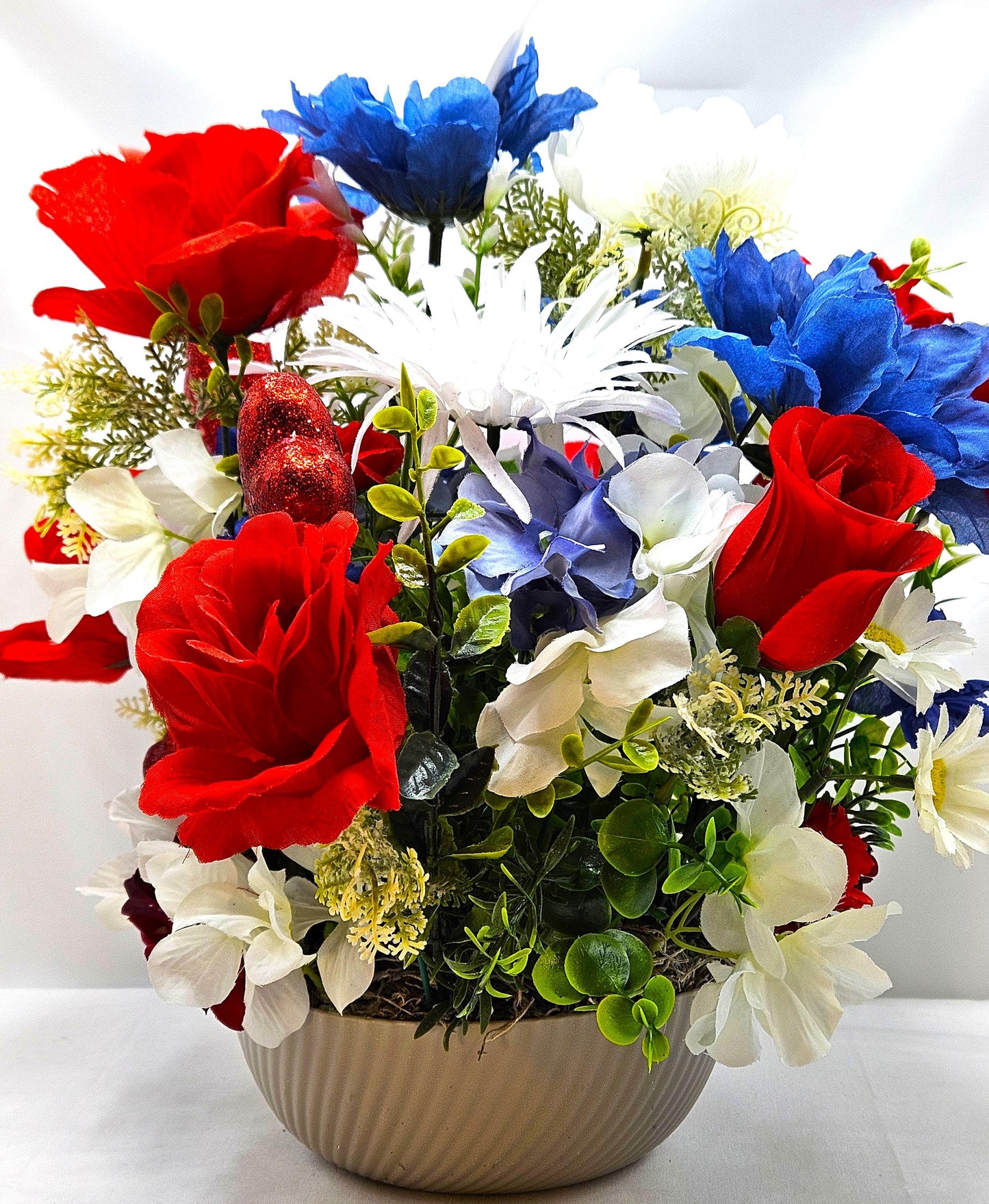Romantic Flower Arrangement for Military Couple, Grey Plastic Bowl, Artificial Florals, Red Hearts, Love Gift