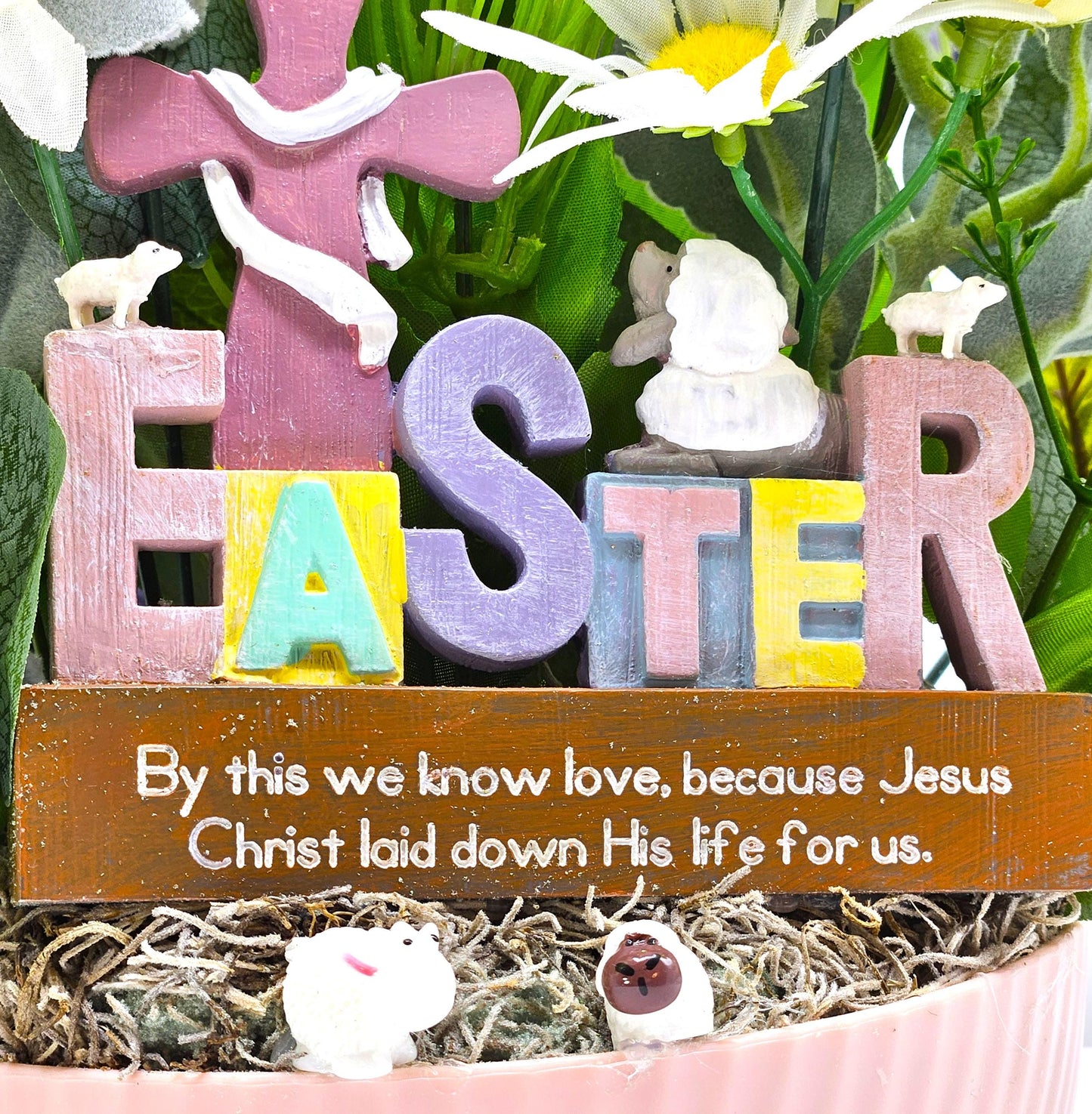 Easter Cross Floral "By This We Know Love Because Jesus Christ Laid Down His Life For Us" Quote/Sheep/Blue/Yellow/Greenery/Happy Easter