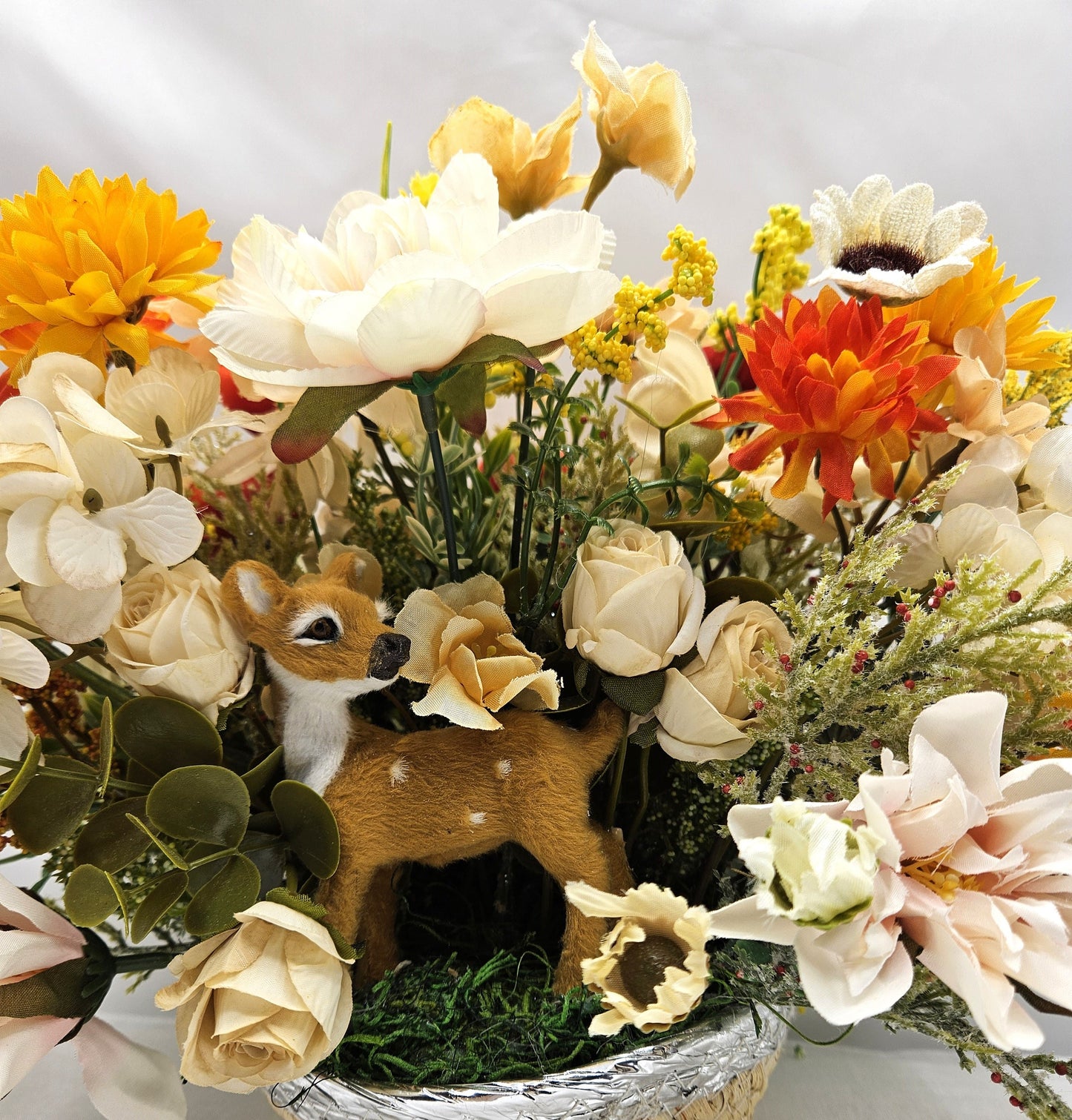 Natural Woven Basket Flower Arrangement with Flock Deer amidst Spring WildFlowers of Roses, Hyacinths and More, Gift for Her/Deer Lover