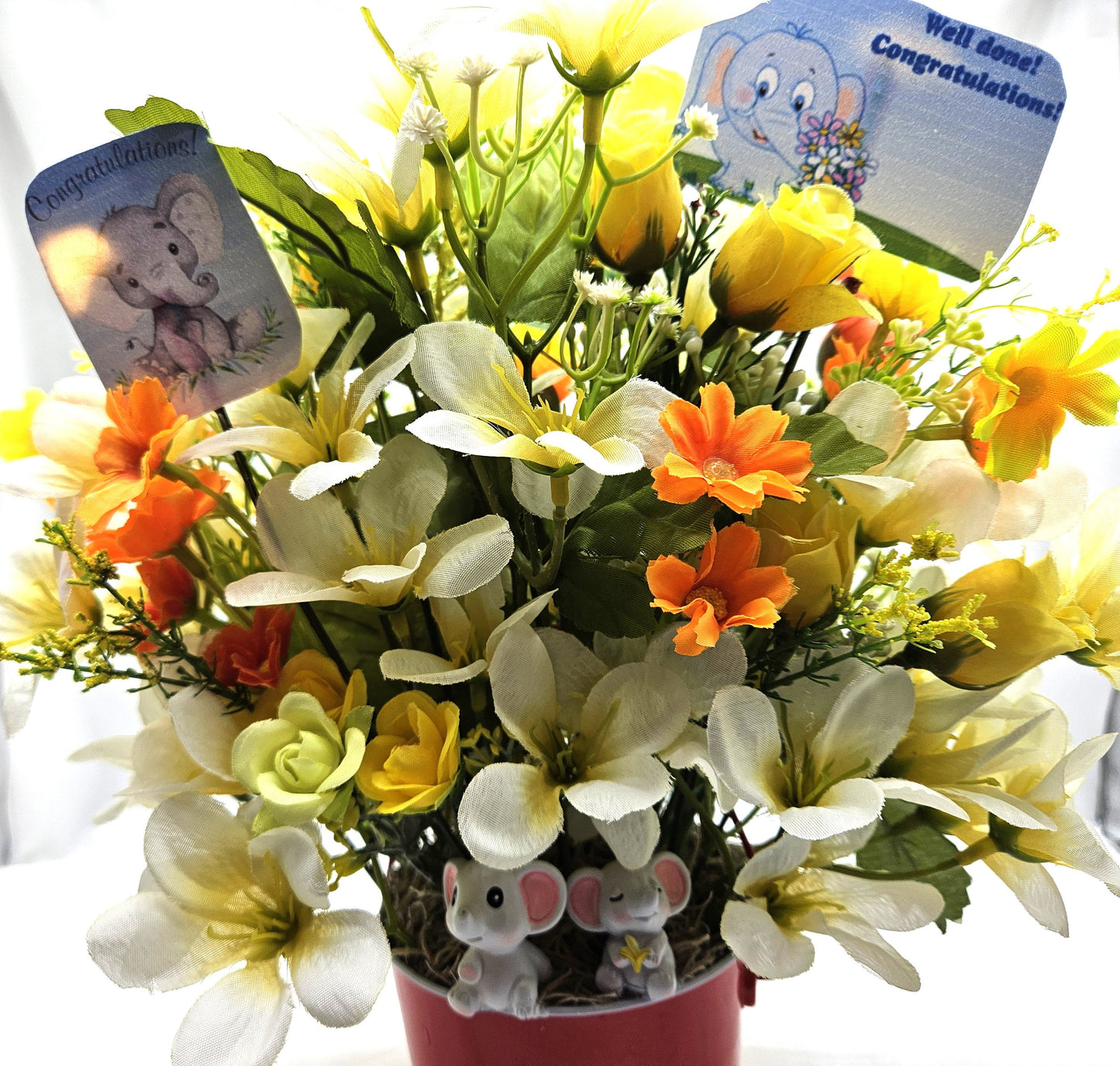 Congratulations Elephant Flower Arrangement - Yellow & White Flowers in Red Bucket, with Heartfelt Messages, Congratulations Gift