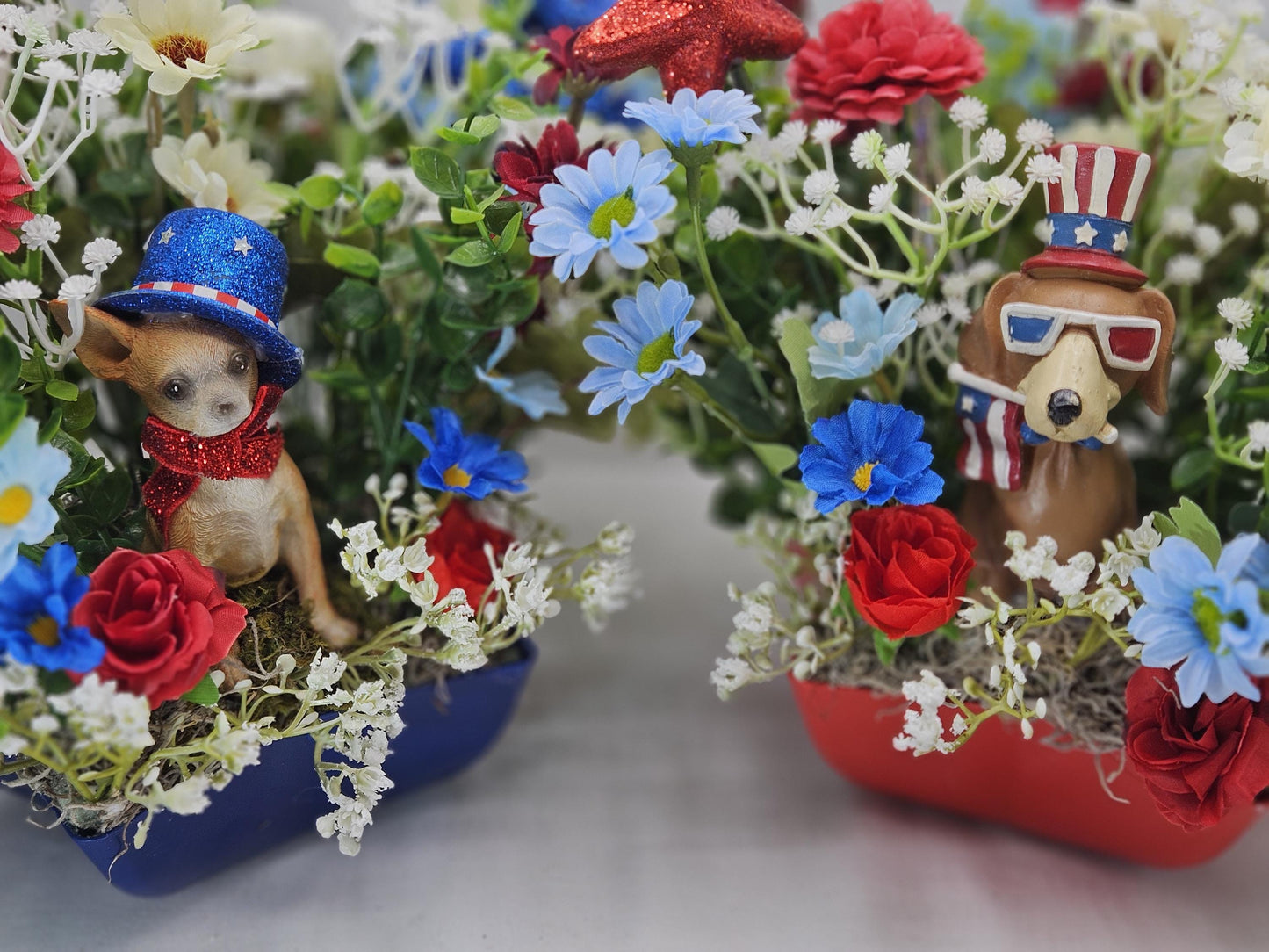 Dog Lovers Patriotic Florals/Two Options/Bully Type Dog or a Chihuahua Set in a Star Shaped Dish wRed/White/Blue Flowers/Patriotic Accents