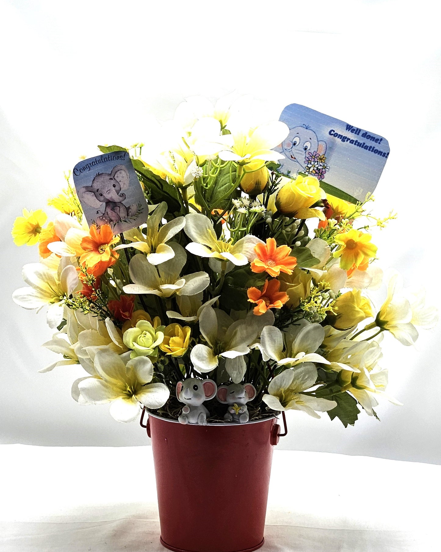 Congratulations Elephant Flower Arrangement - Yellow & White Flowers in Red Bucket, with Heartfelt Messages, Congratulations Gift