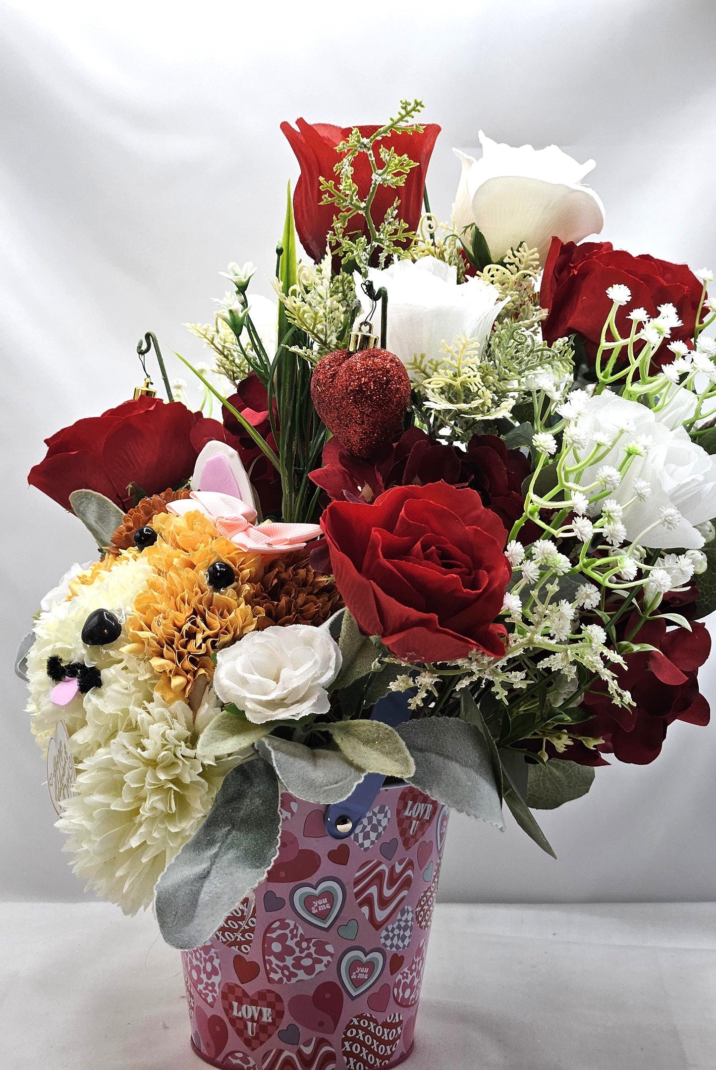 Handmade Carnation Mum Dog in Rose Garden, Red Roses, Greenery, Hearts, Romantic Gift, Dog Lover, Sweetheart