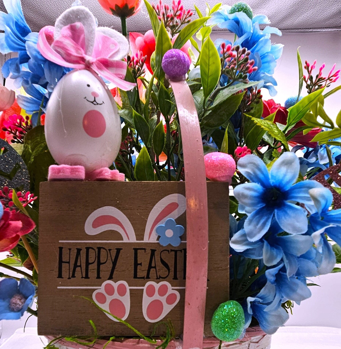 Springtime Delight Handmade Happy Easter Bunny Flower Basket with Glitter Eggs and Pastel Flowers