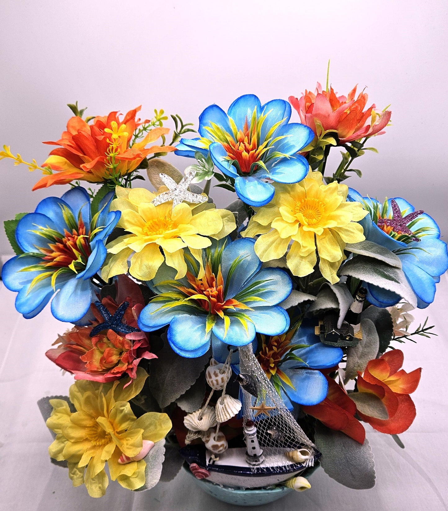 Seaside Serenity Coastal Decor, Sailboat and Lighthouses, Teal/Aqua Flower Arrangement, Beach Lover Gift, Sea Life Decor