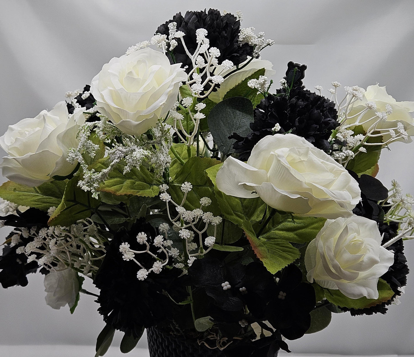 I Love Pandas Flower Arrangement/Black Flower Pot/White Roses/Black Carnations/Panda Bear Accents/Great Gift or Home Decor/Panda Bear Lover